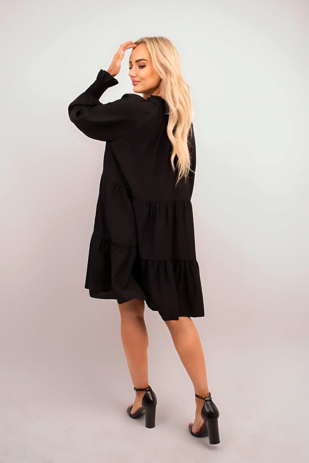 Renata Long Sleeve Front Tie Tiered Mini Dress - Black