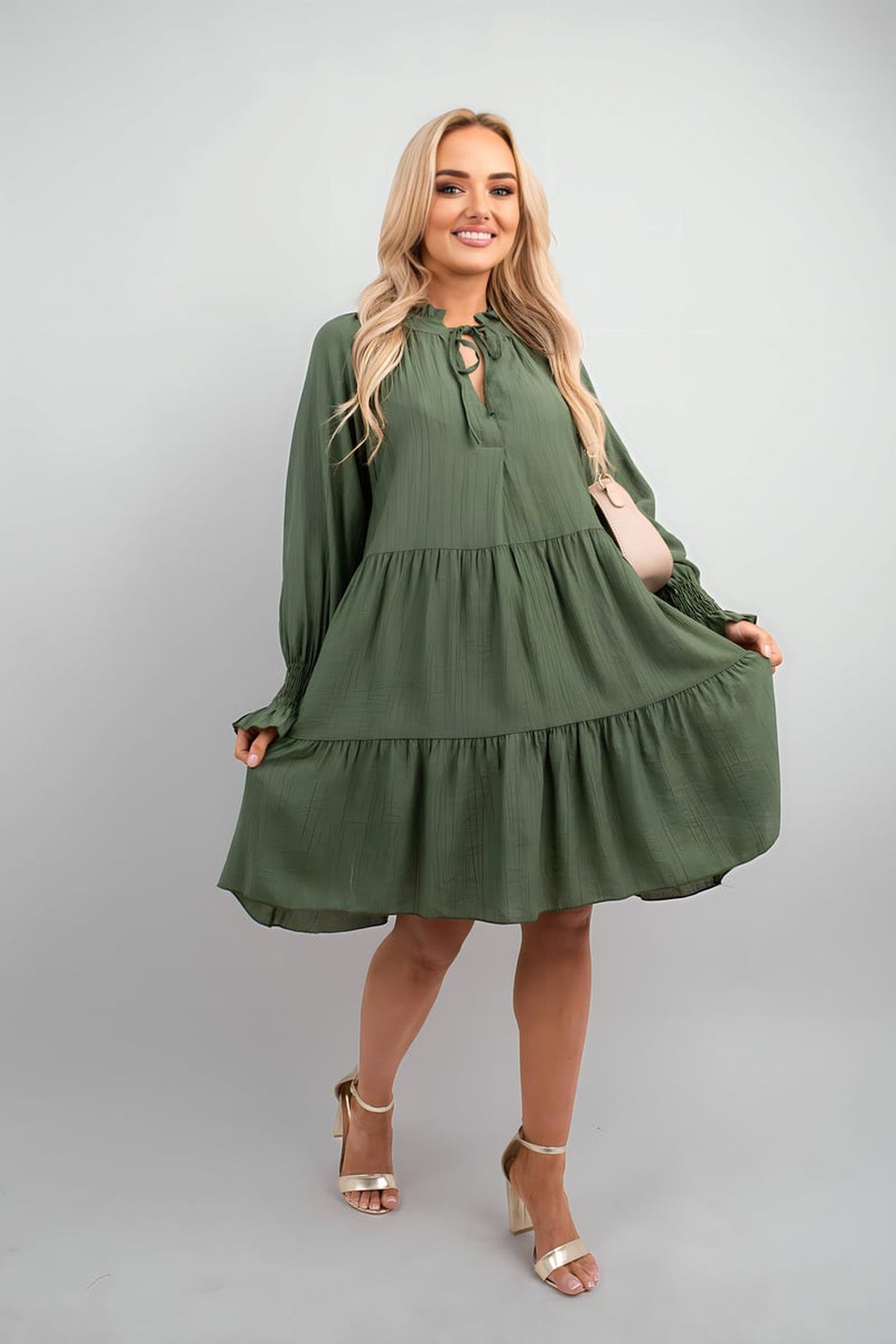 Renata Long Sleeve Front Tie Tiered Mini Dress - Khaki