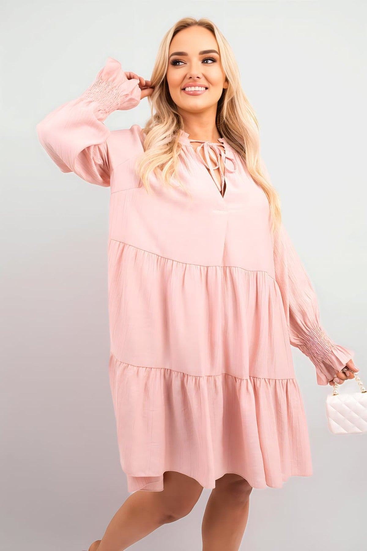 Renata Long Sleeve Front Tie Tiered Mini Dress - Pink