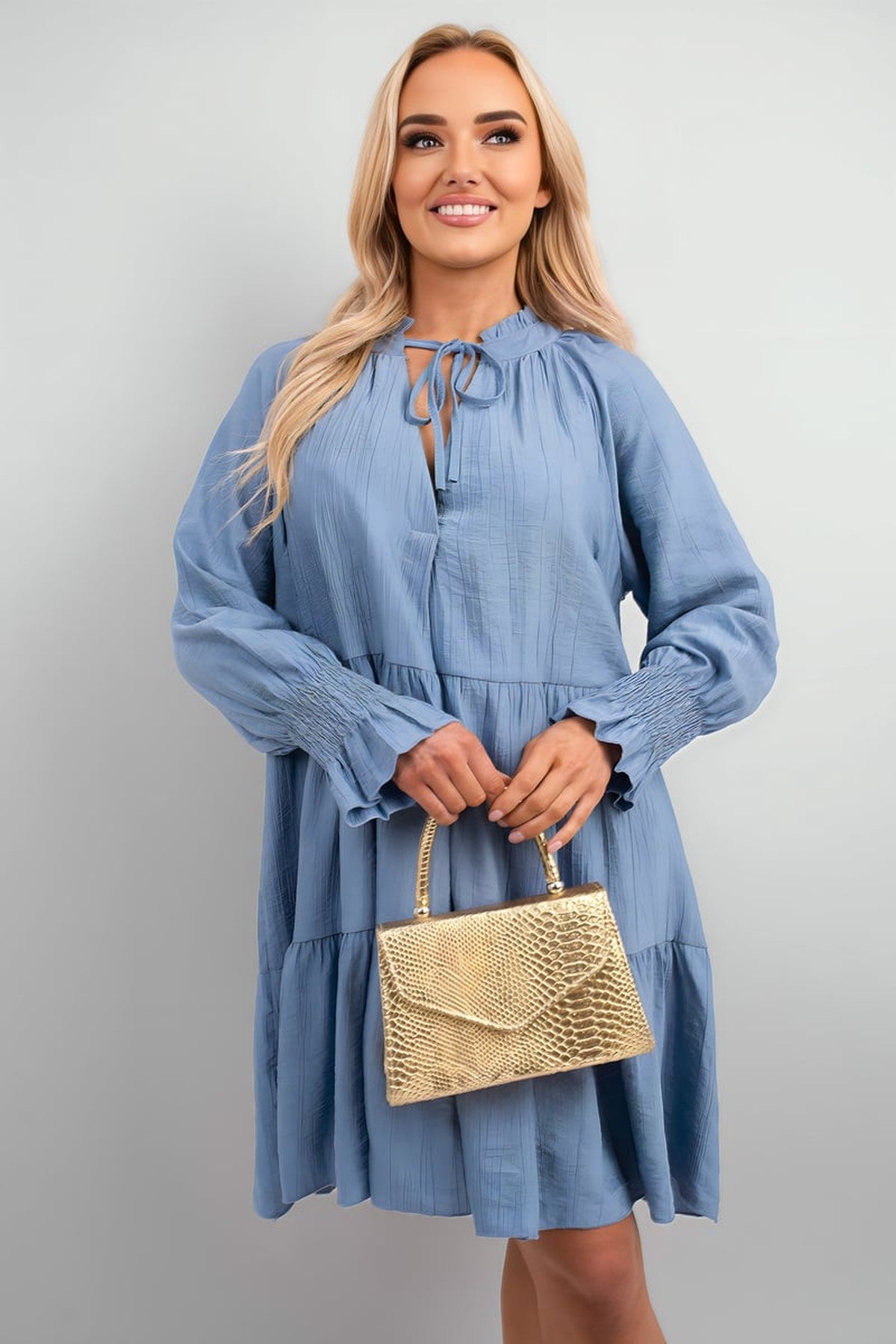 Renata Long Sleeve Front Tie Tiered Mini Dress - Sky Blue