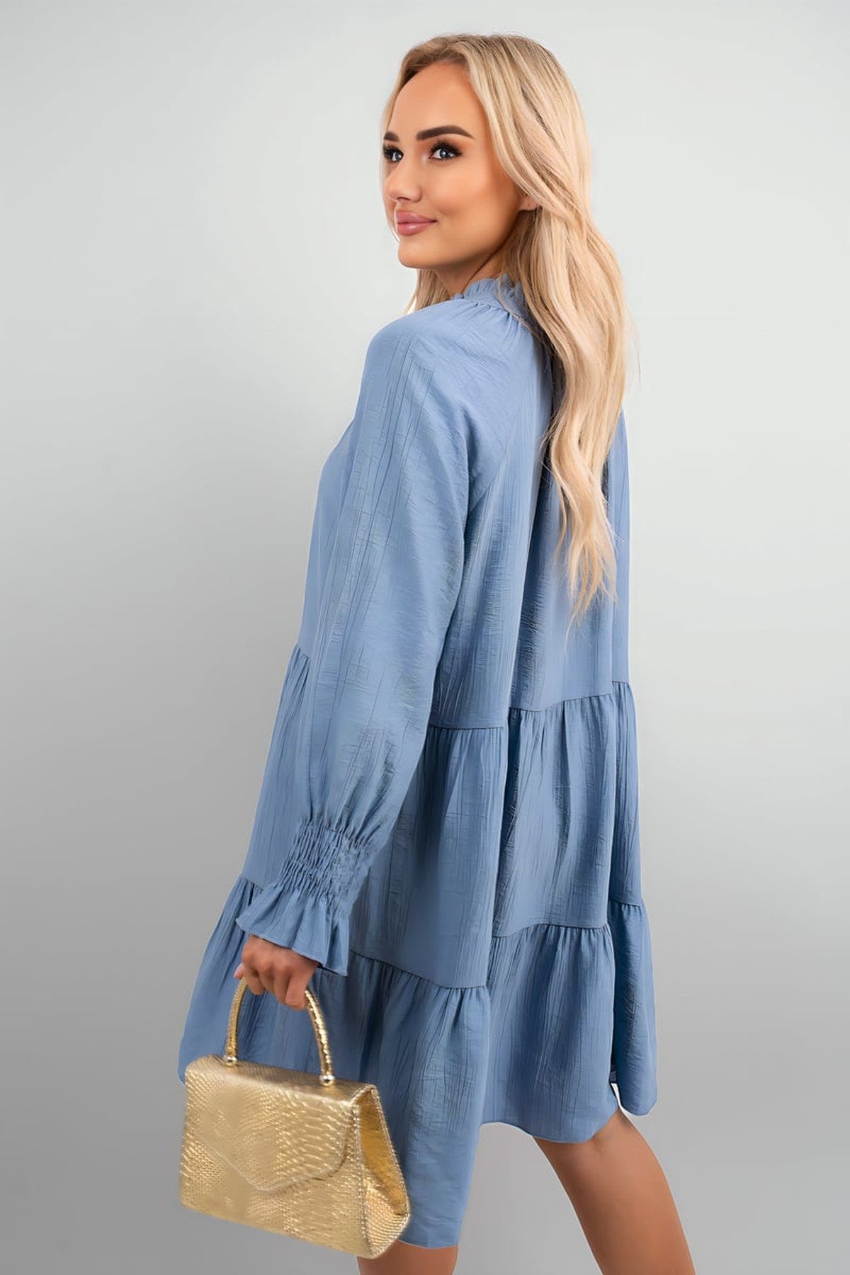 Renata Long Sleeve Front Tie Tiered Mini Dress - Sky Blue