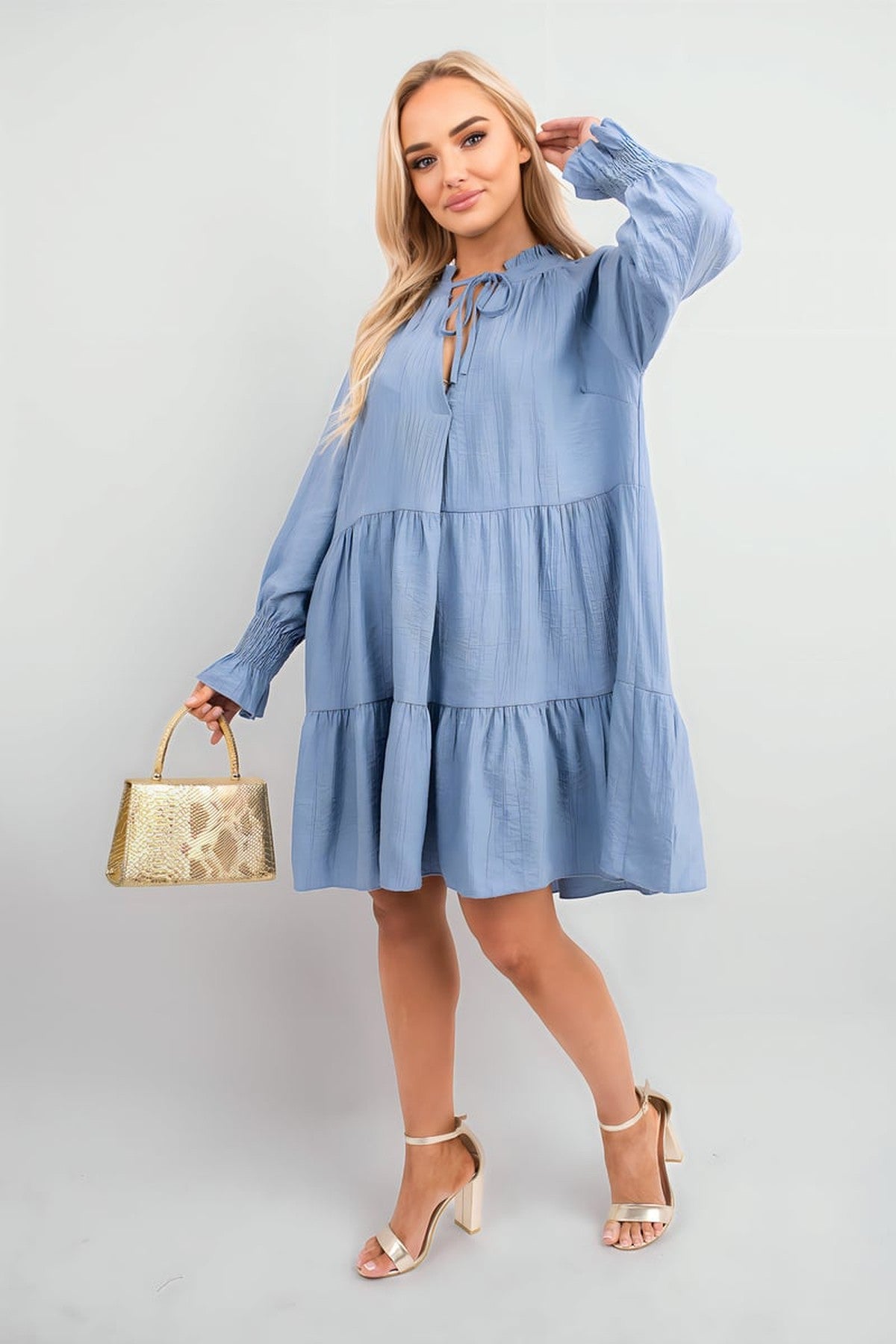 Renata Long Sleeve Front Tie Tiered Mini Dress - Sky Blue