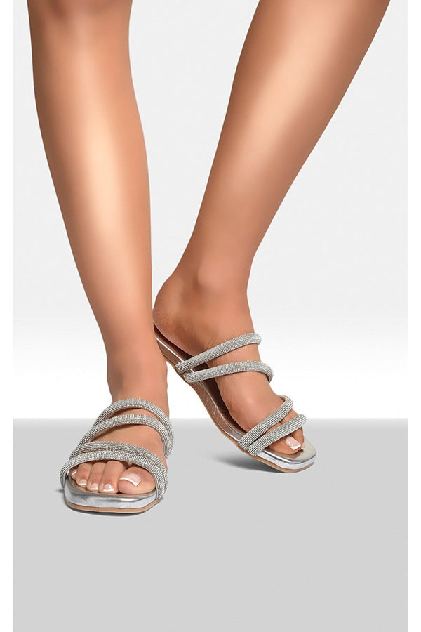 Reya Embellished Asymmetrical Strap Flat Sandals - Silver
