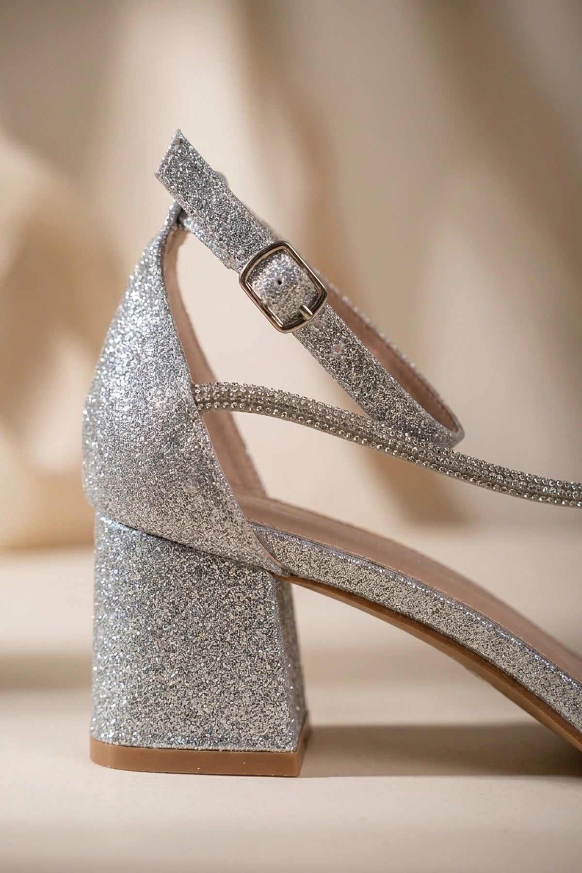 Saoirse Glitter Block Heel Strappy Sandals - Silver