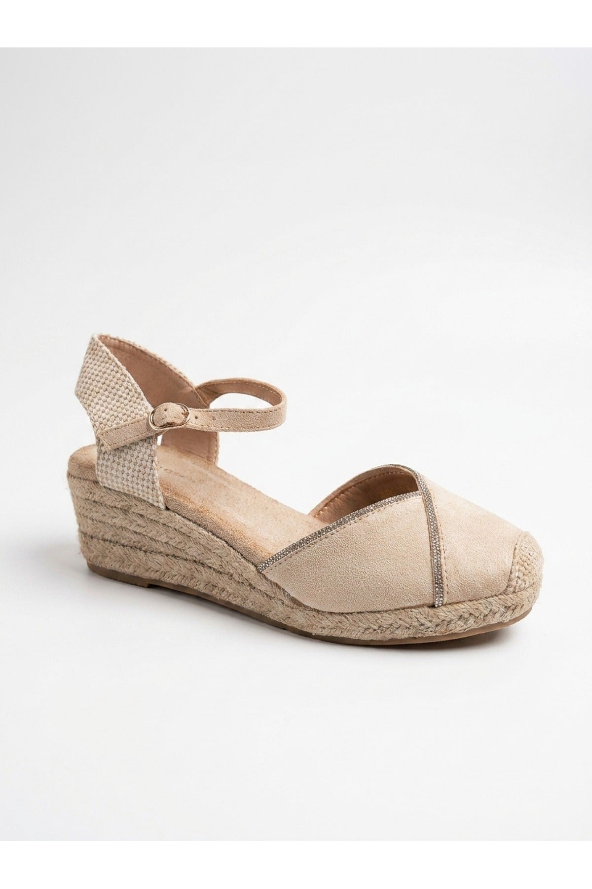Tula Rhinestone Trim Espadrille Wedges - Beige