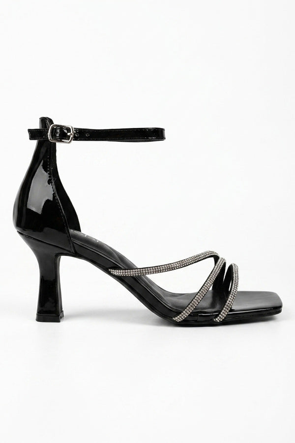 Saoirse Patent Rhinestone Strap Square Sandals - Black