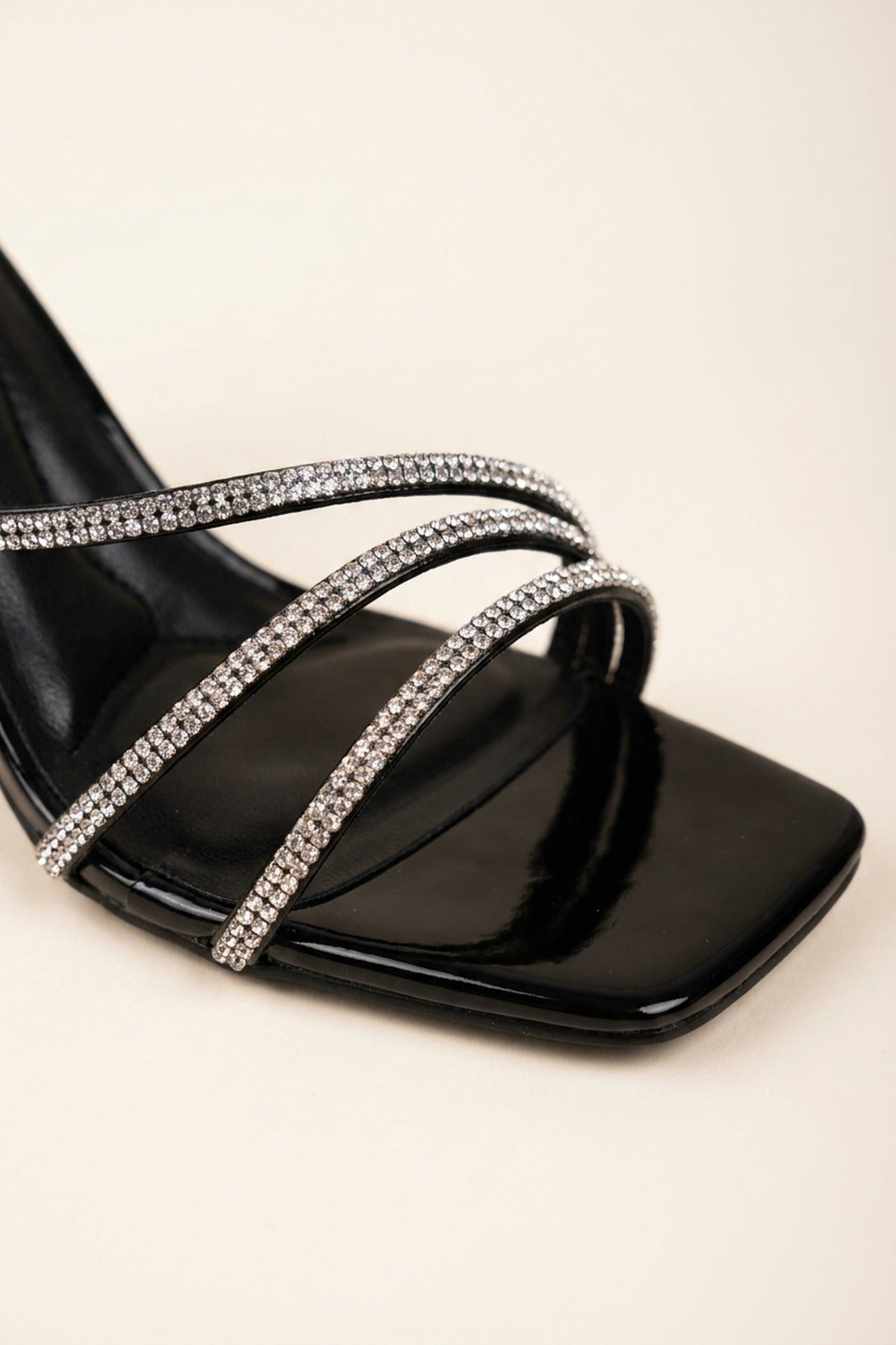 Saoirse Patent Rhinestone Strap Square Sandals - Black