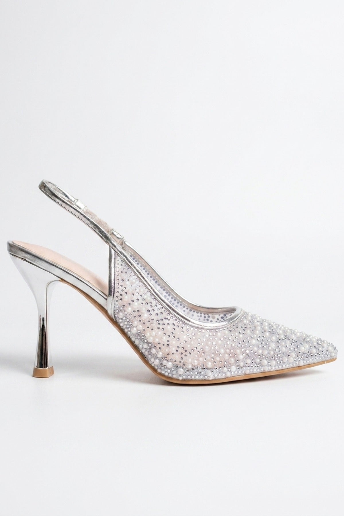 Cordelia Embellished Mesh Pointed Toe Heels - Silver