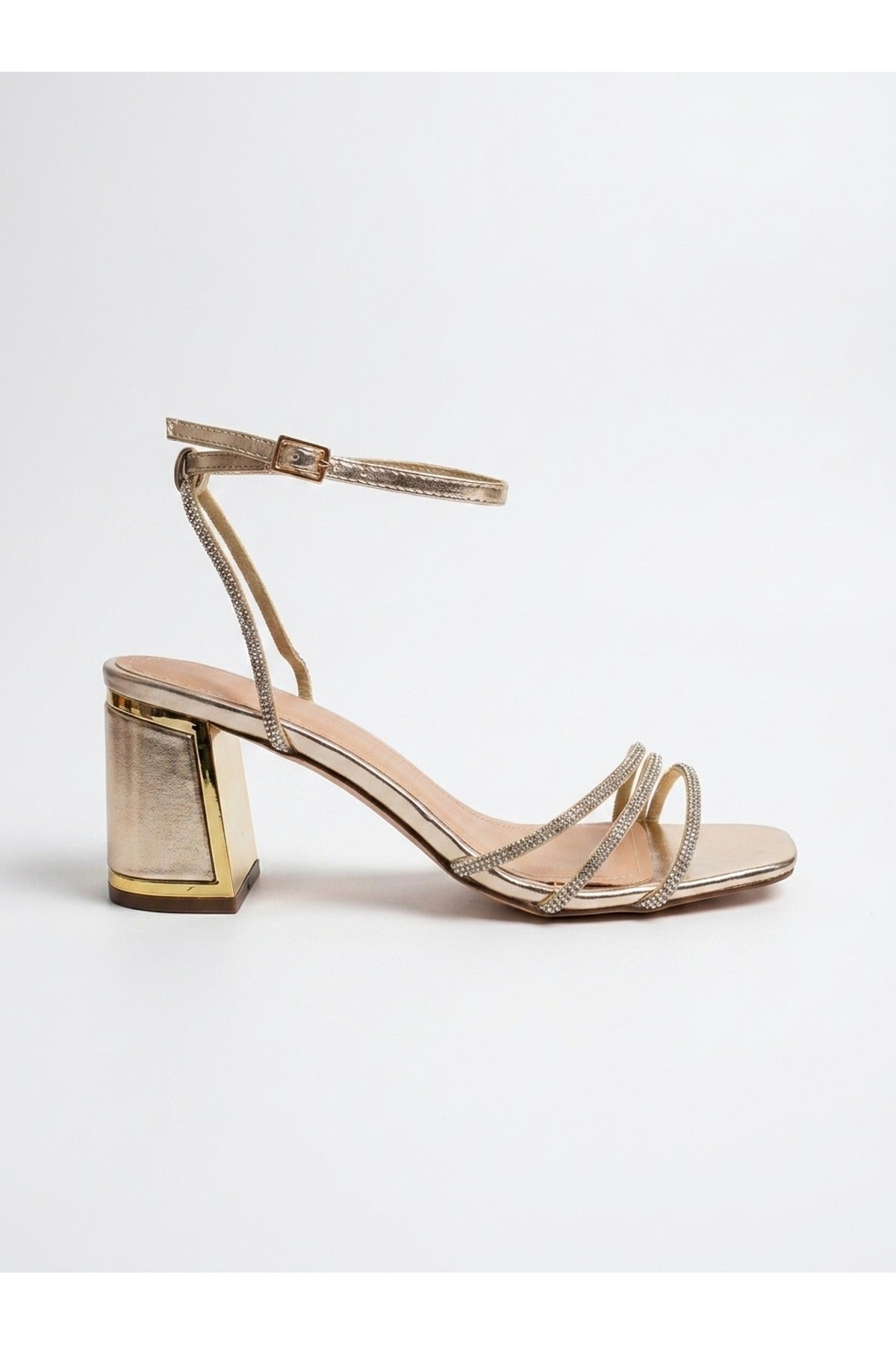 Cordelia Rhinestone Strap Block Heel Sandals - GOLD