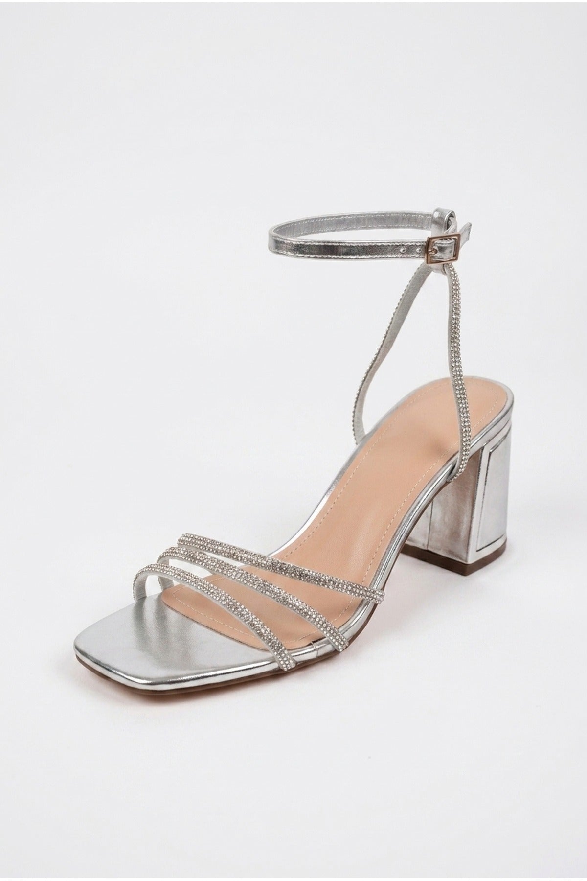Cordelia Rhinestone Strap Block Heel Sandals - SILVER