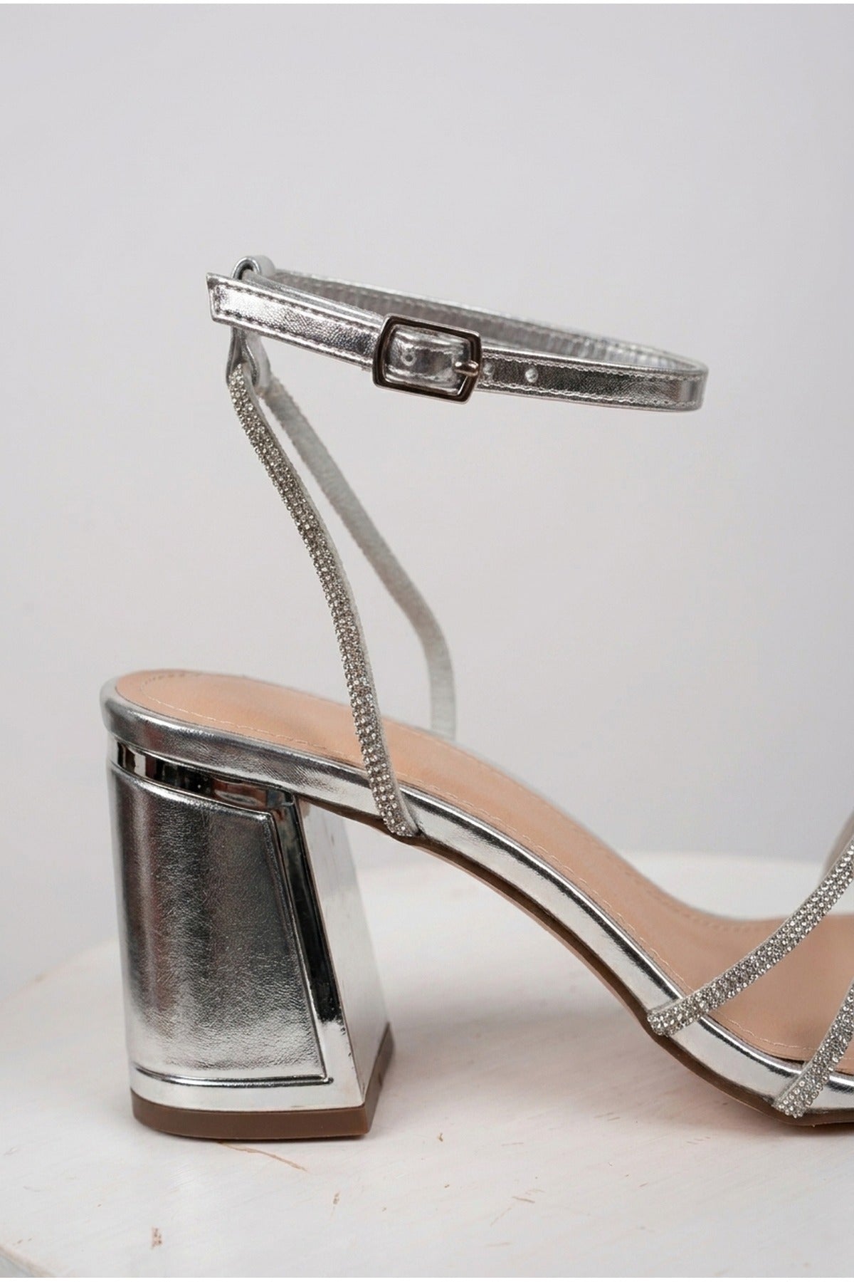 Cordelia Rhinestone Strap Block Heel Sandals - SILVER