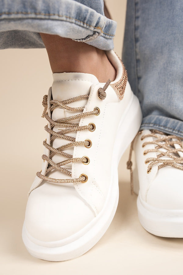 Rhosyn Lace Up Glitter Detail Trainer - Champagne