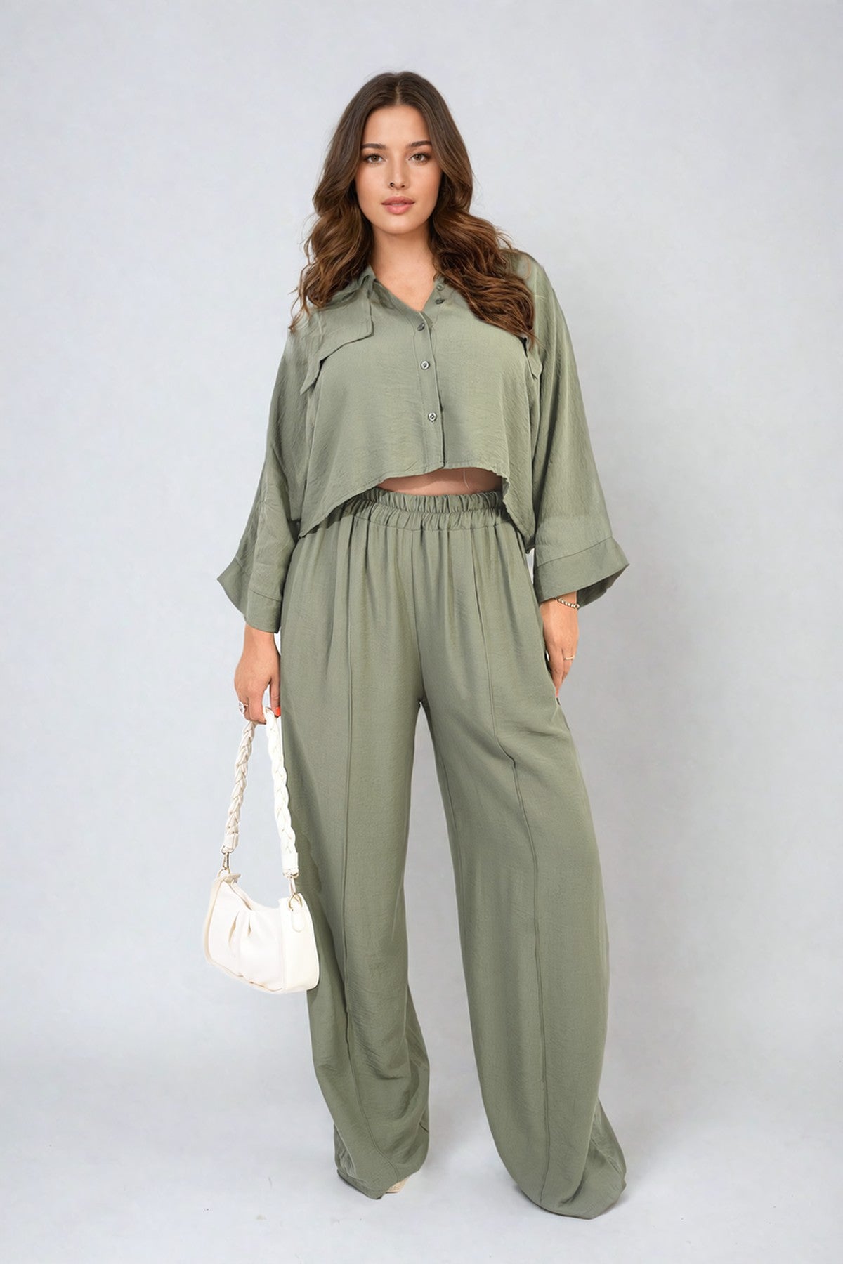 Rosie Oversized Long Sleeve Crop Top And Wide Leg Trouser Co-ord Set - Khaki