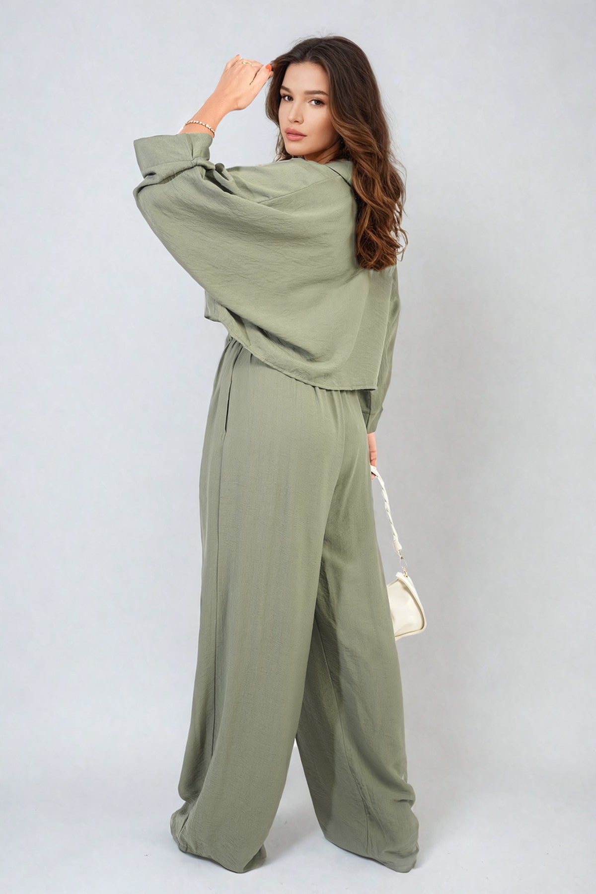 Rosie Oversized Long Sleeve Crop Top And Wide Leg Trouser Co-ord Set - Khaki