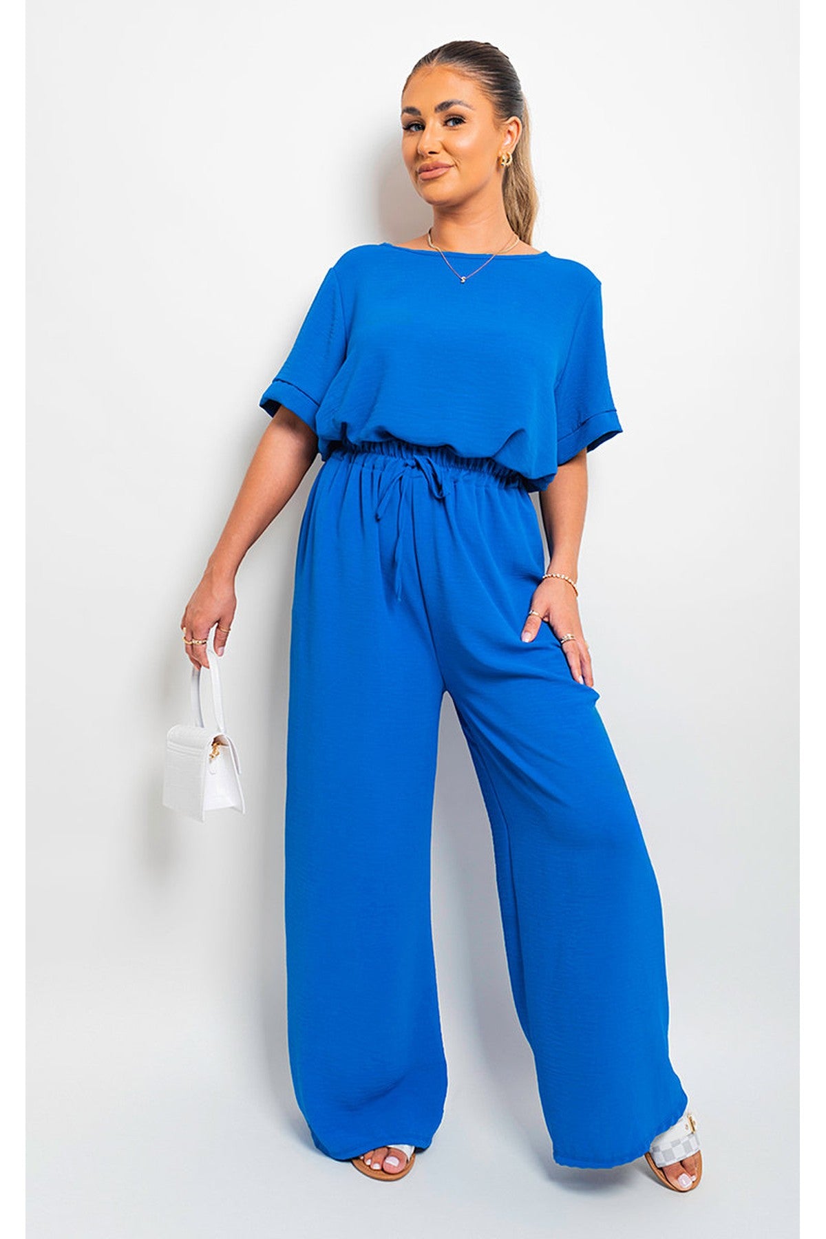 Mollie Drawstring Gathered Waist Wide Leg Trouser - Royal