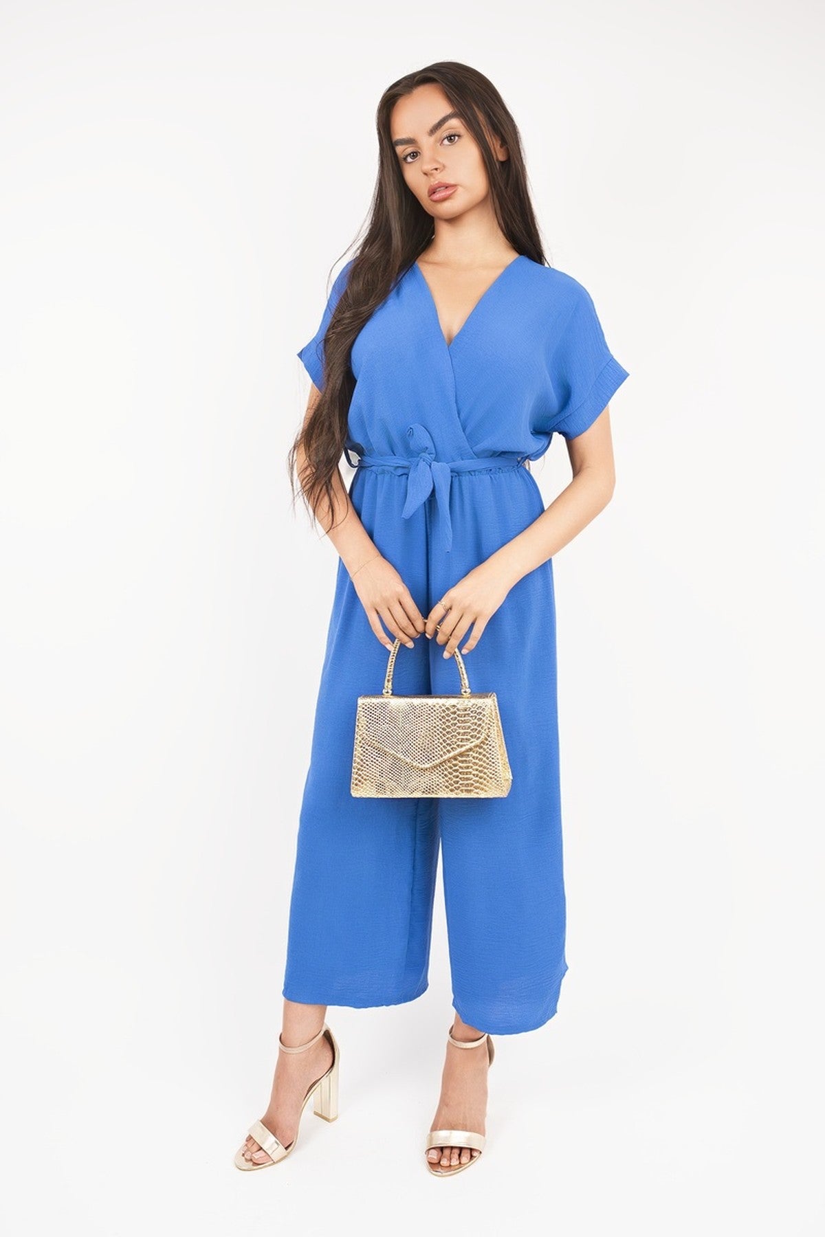 Nerina Wrap Short Sleeve Wide Leg Jumpsuit With Tie Waist - Royal