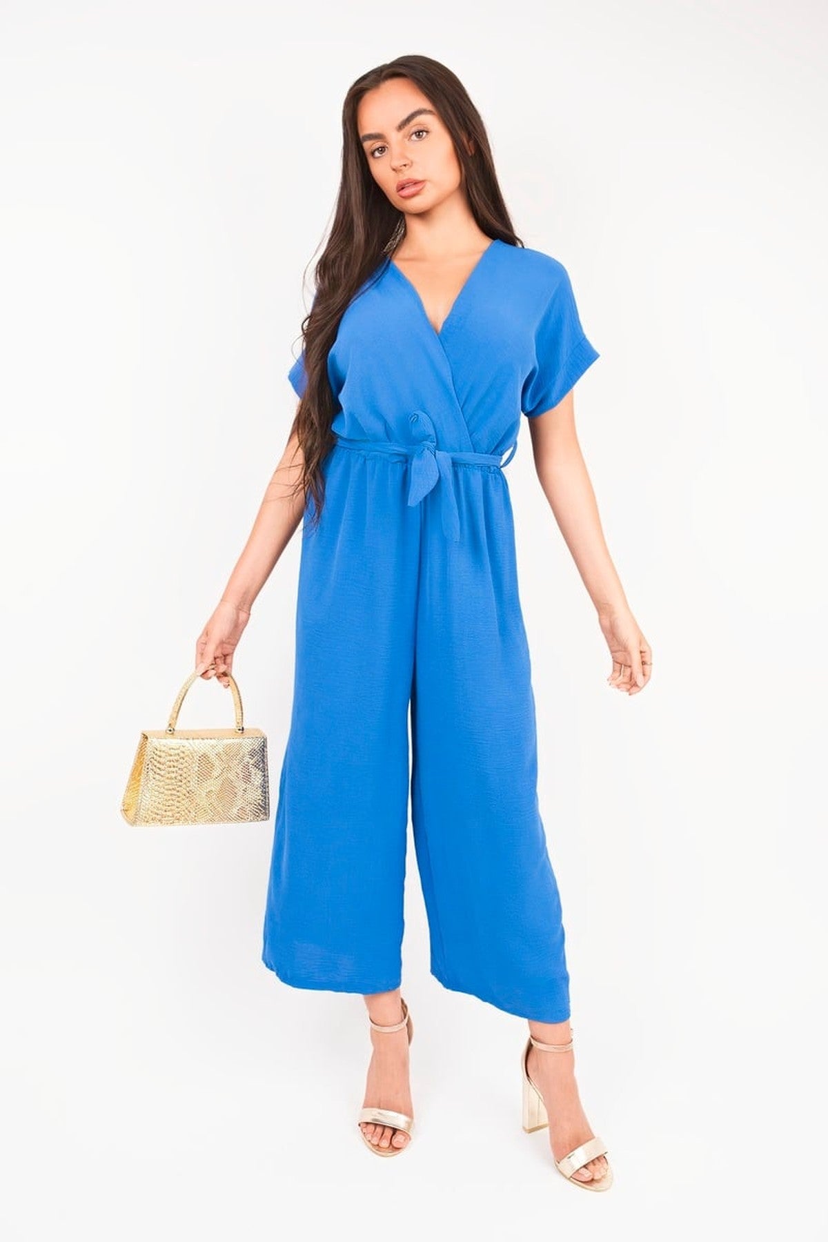 Nerina Wrap Short Sleeve Wide Leg Jumpsuit With Tie Waist - Royal