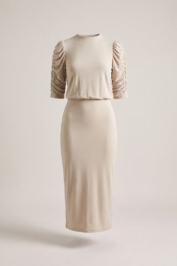 Elvira Ruched Short Sleeve Maxi Dress With Draped Bodice - Beige