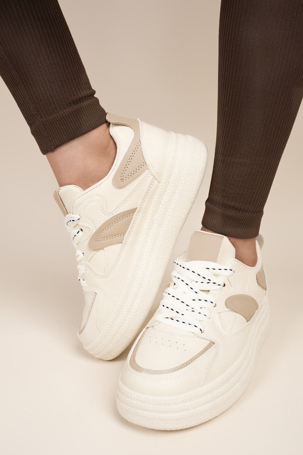 Salira Chunky Panelled Lace Up Trainers With Contrast Detail - Beige