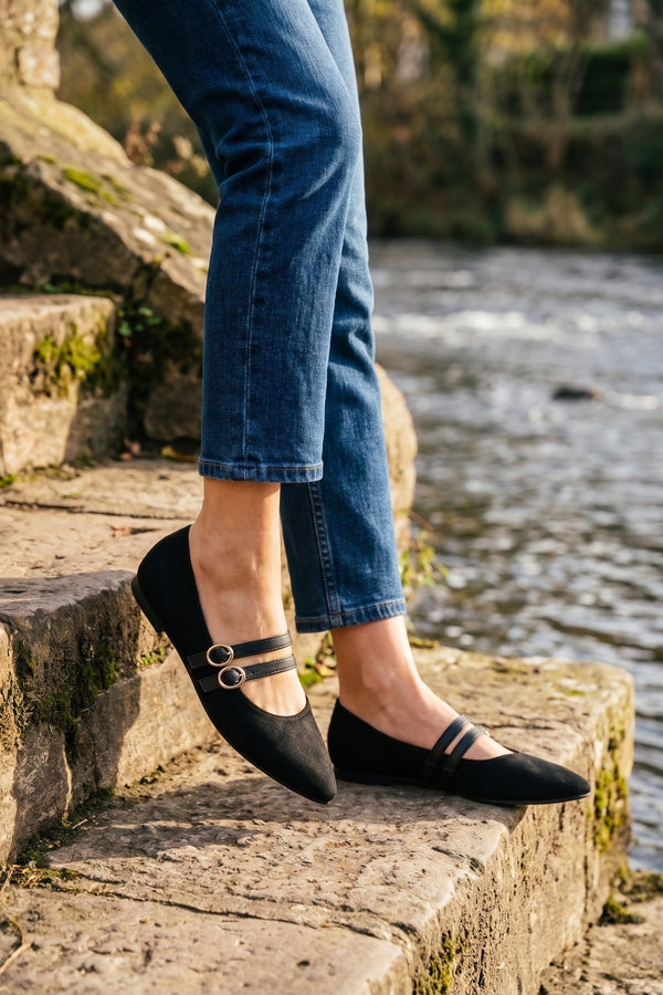 Saoirse Faux Suede Double Buckle Strap Ballet Flats - Black