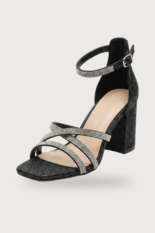 Saoirse Glitter Block Heel Strappy Sandals - Black