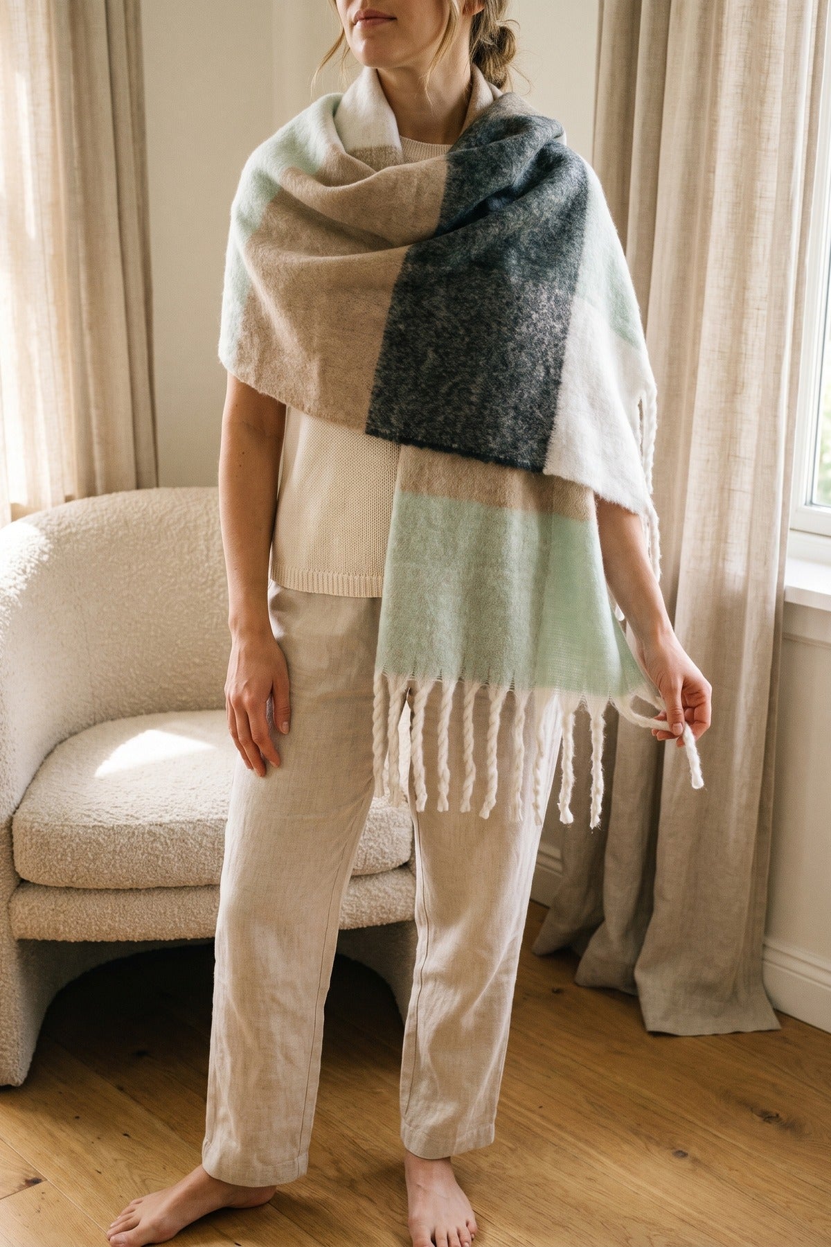 Wiktoria Colour Block Tasselled Scarf - Taupe