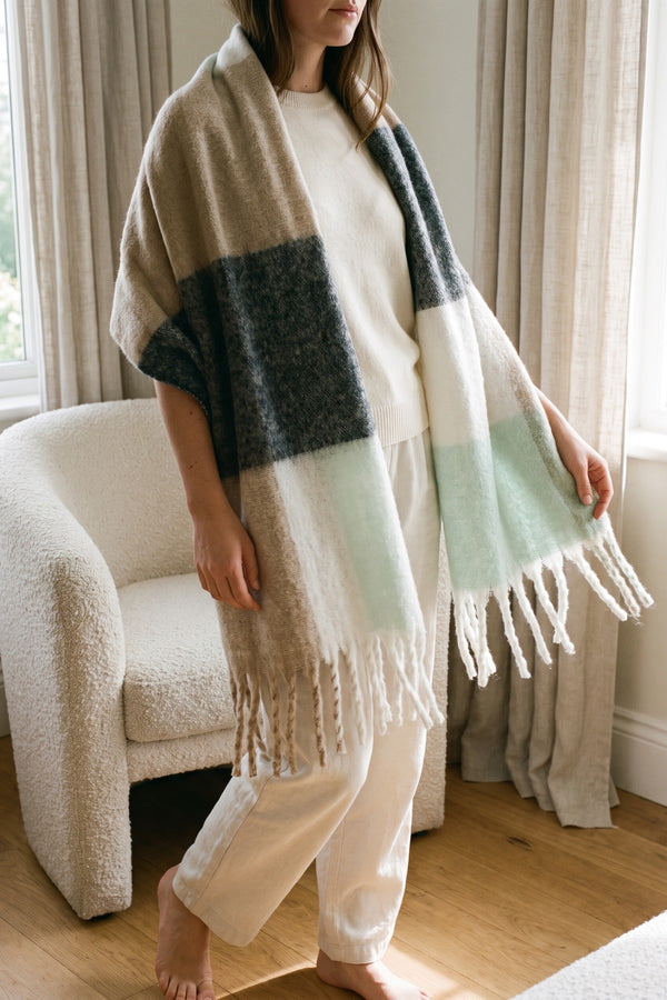 Wiktoria Colour Block Tasselled Scarf - Taupe