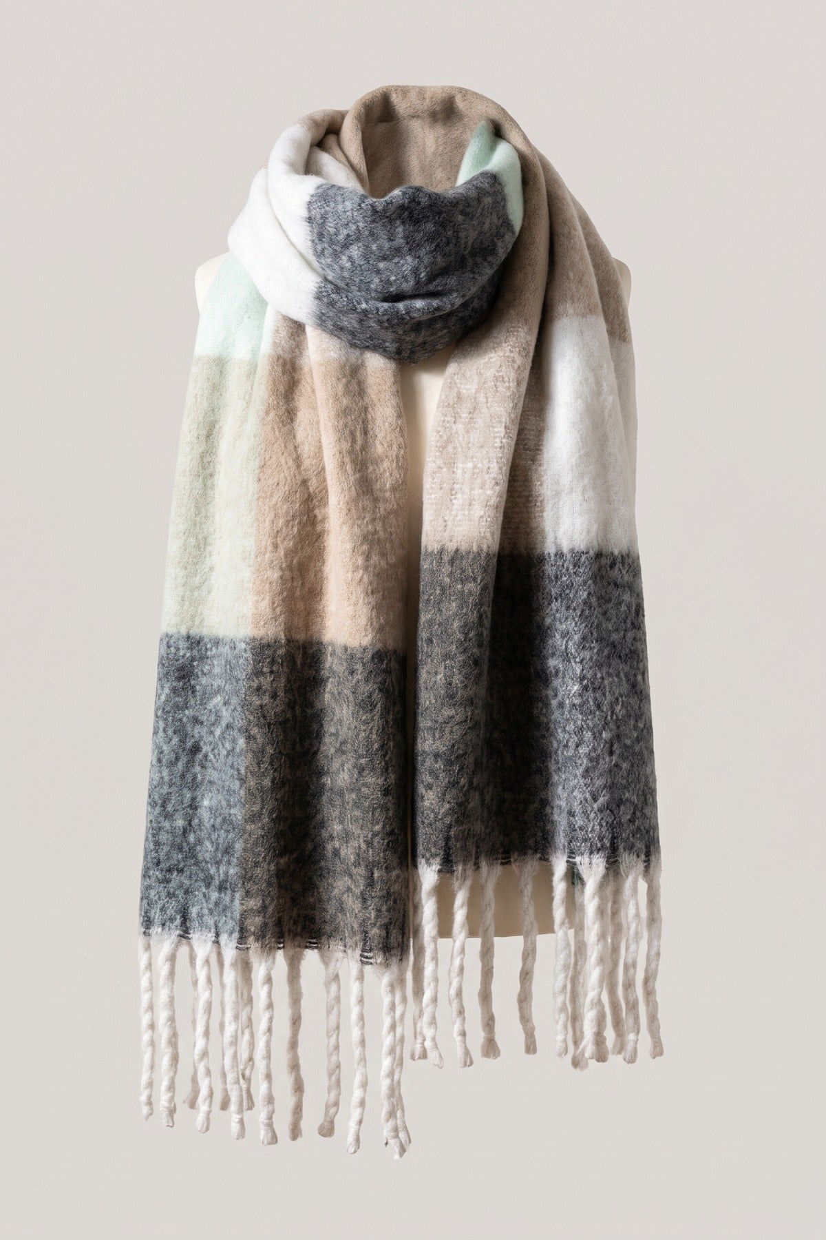 Wiktoria Colour Block Tasselled Scarf - Taupe