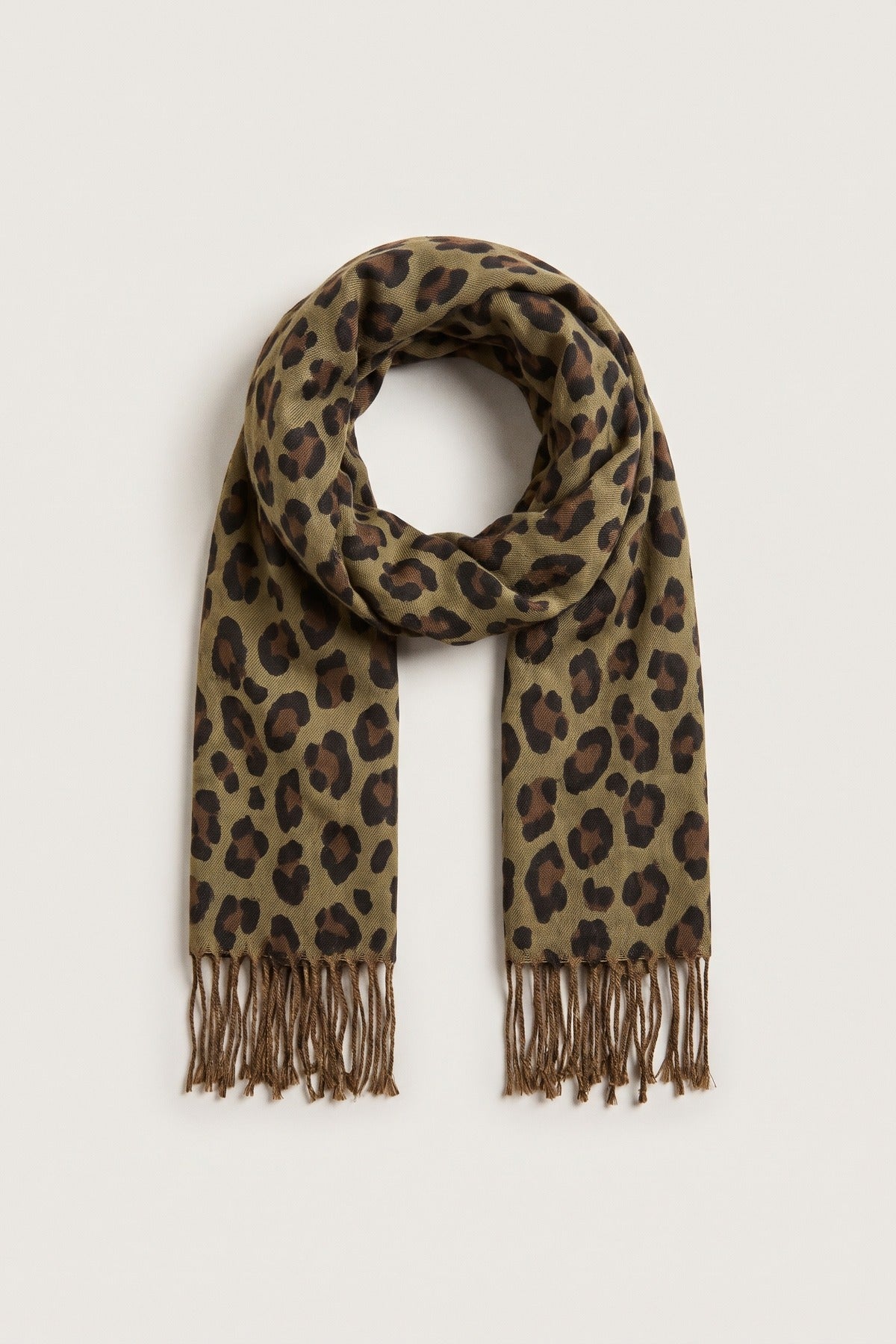 Diya Leopard Print Fringed Woven Scarf - Brown