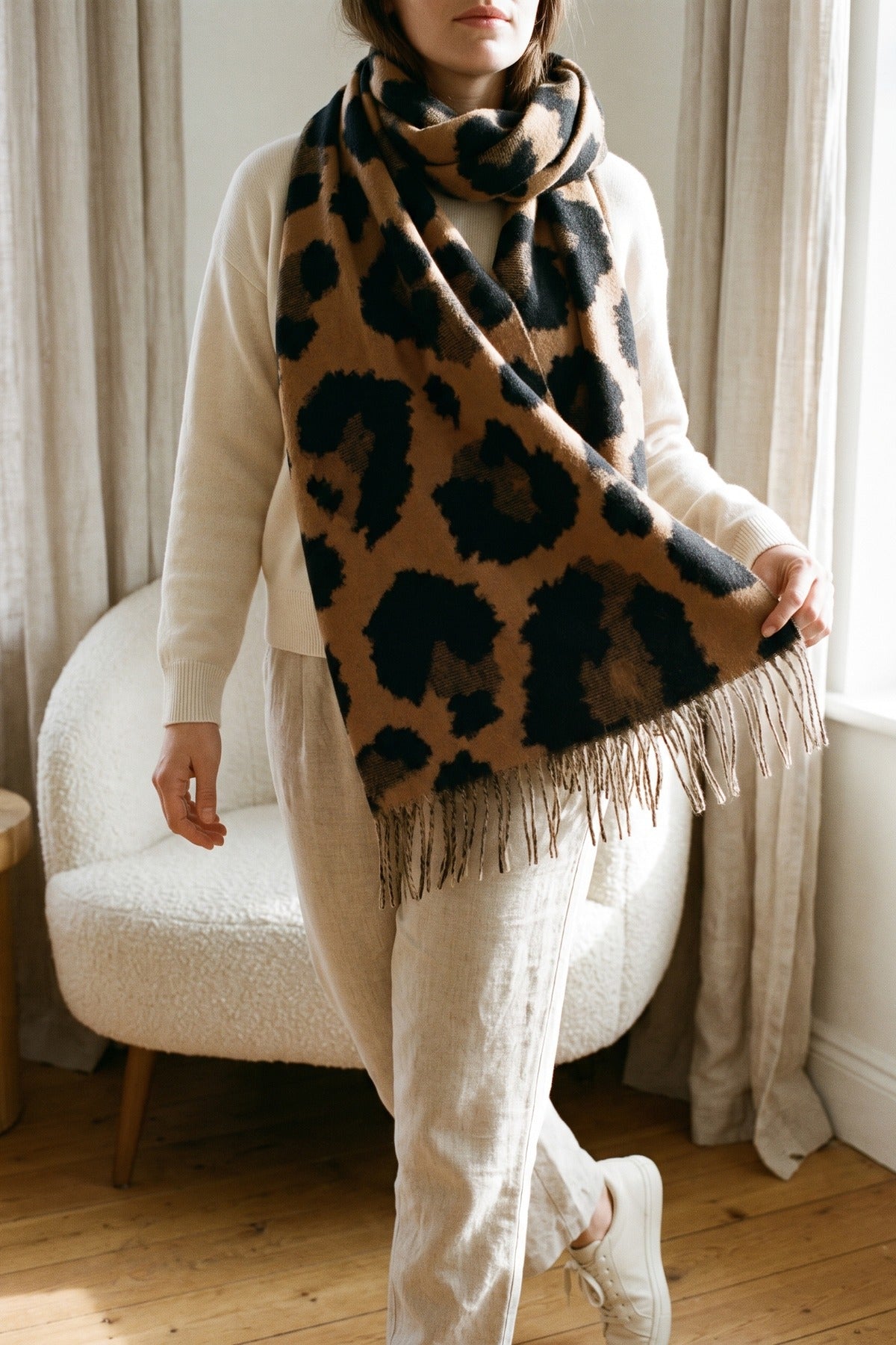 Diya Leopard Print Fringed Woven Scarf - Camel
