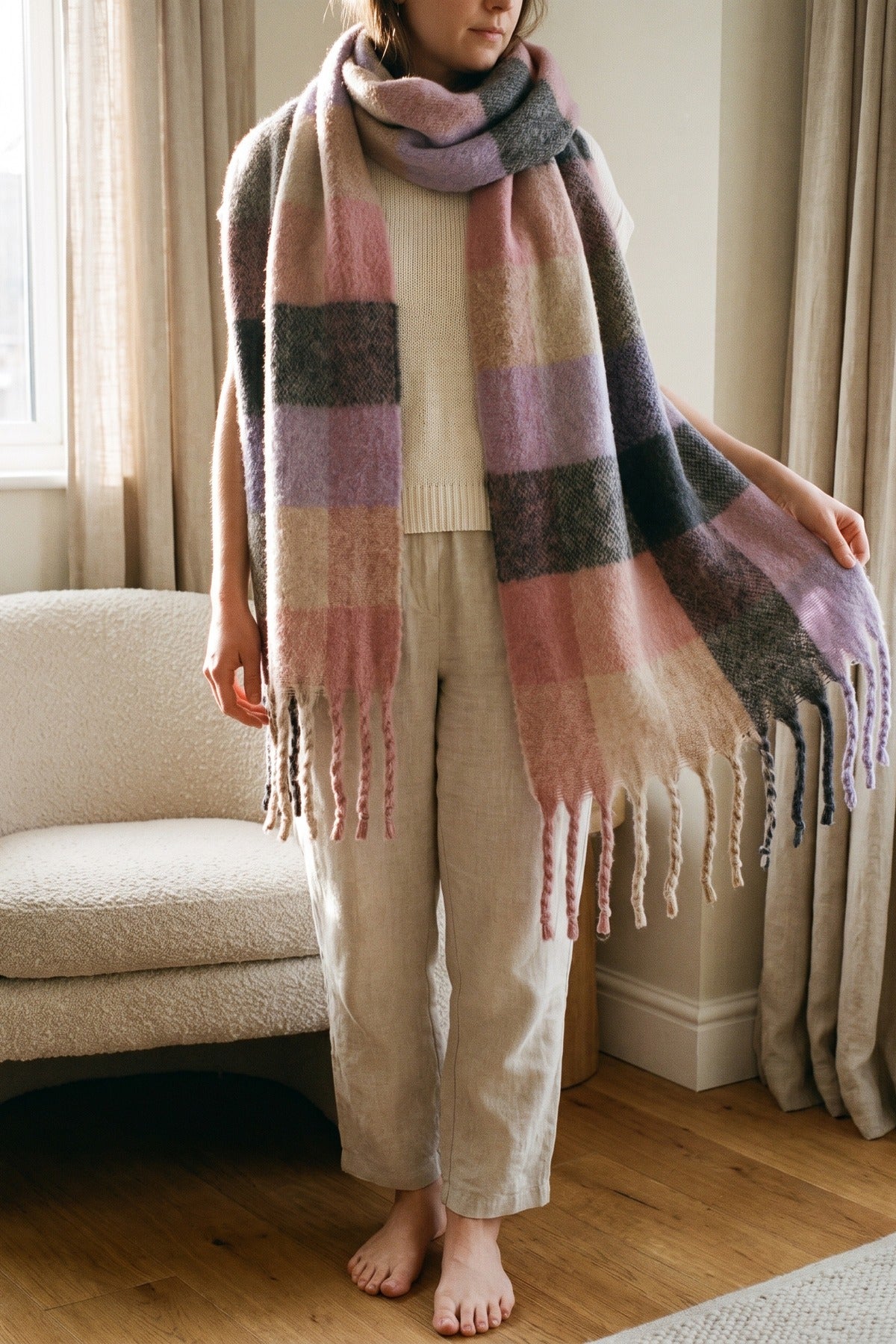 Wiktoria Colour Block Tasselled Scarf - Mauve