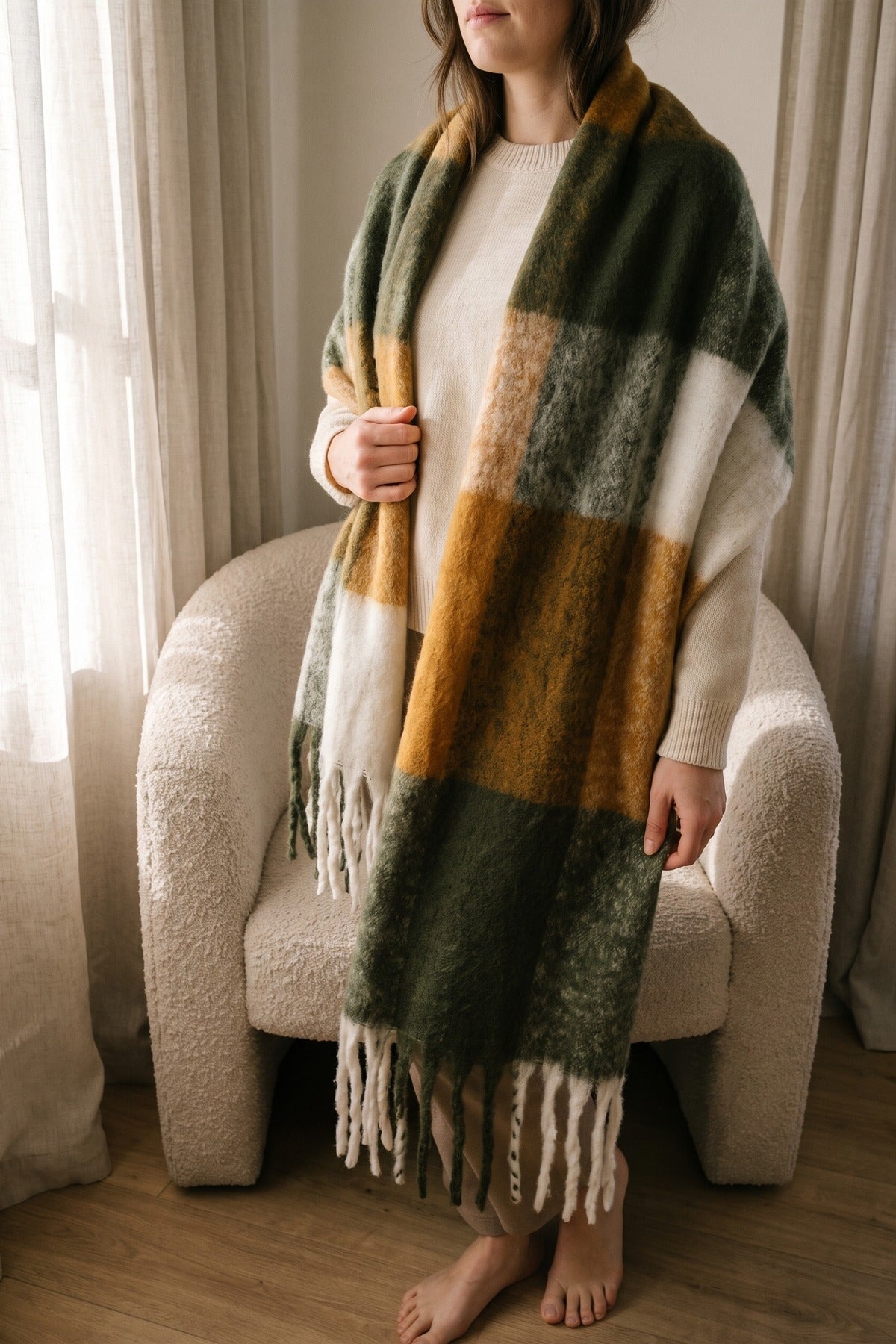 Wiktoria Colour Block Tasselled Scarf - Olive