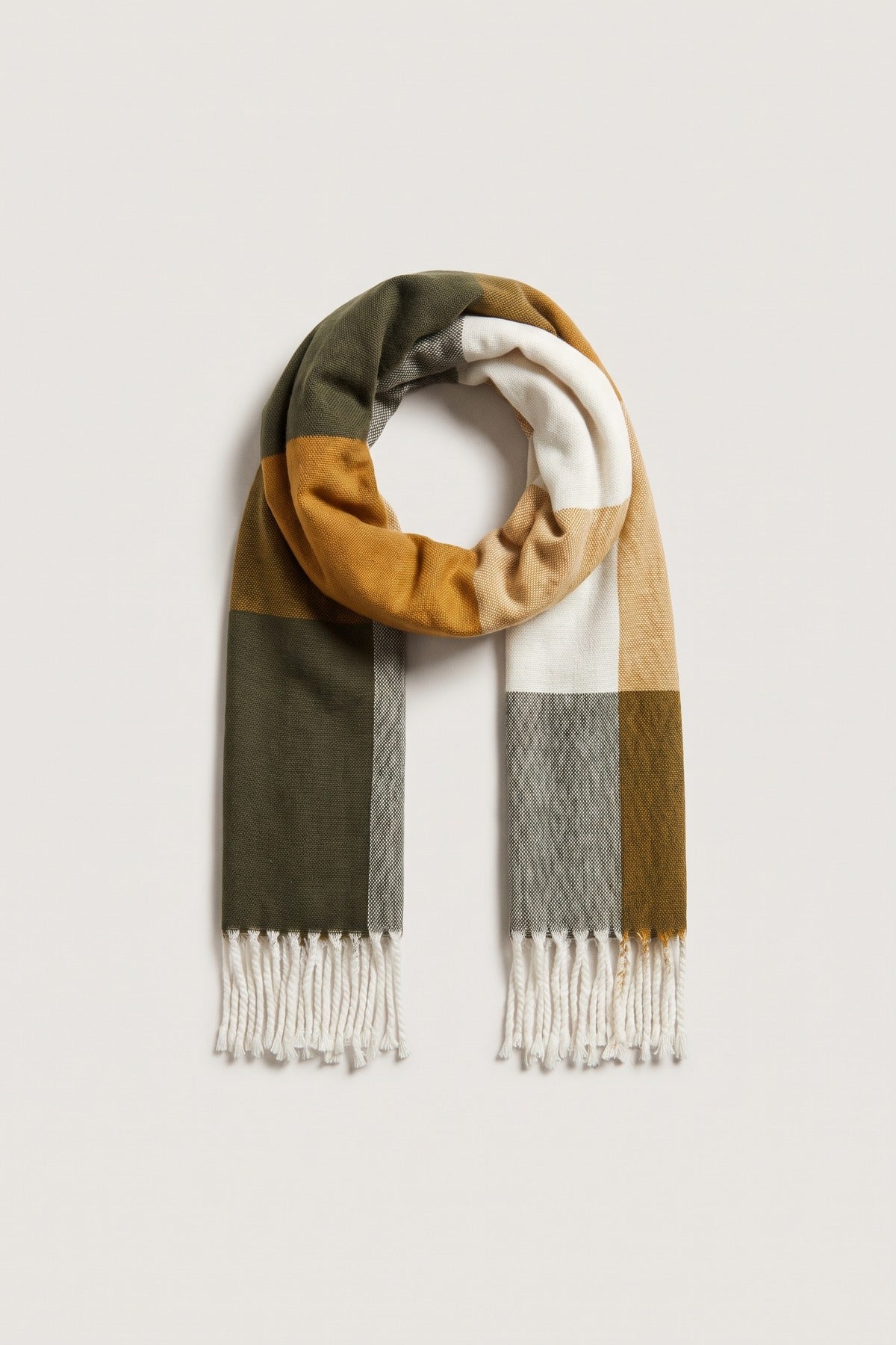 Wiktoria Colour Block Tasselled Scarf - Olive