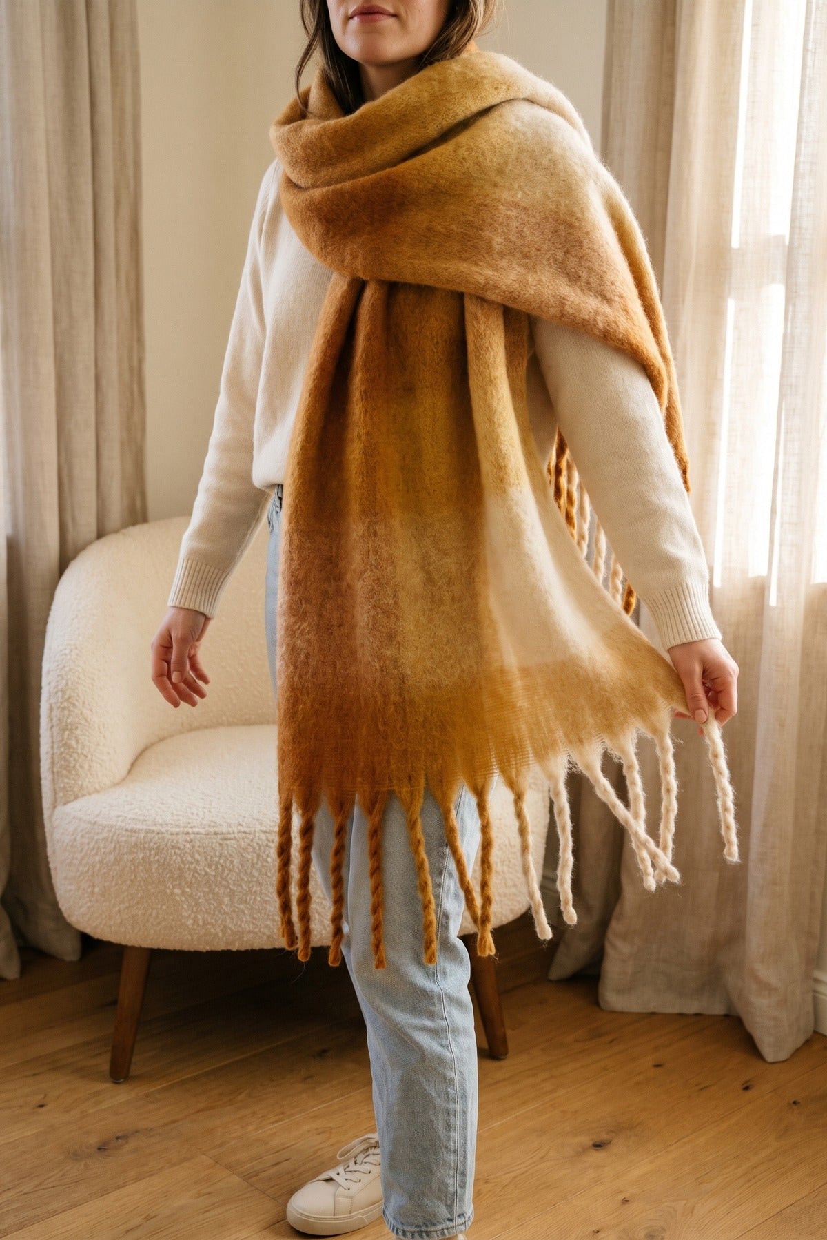 Wiktoria Colour Block Tasselled Scarf - Orange