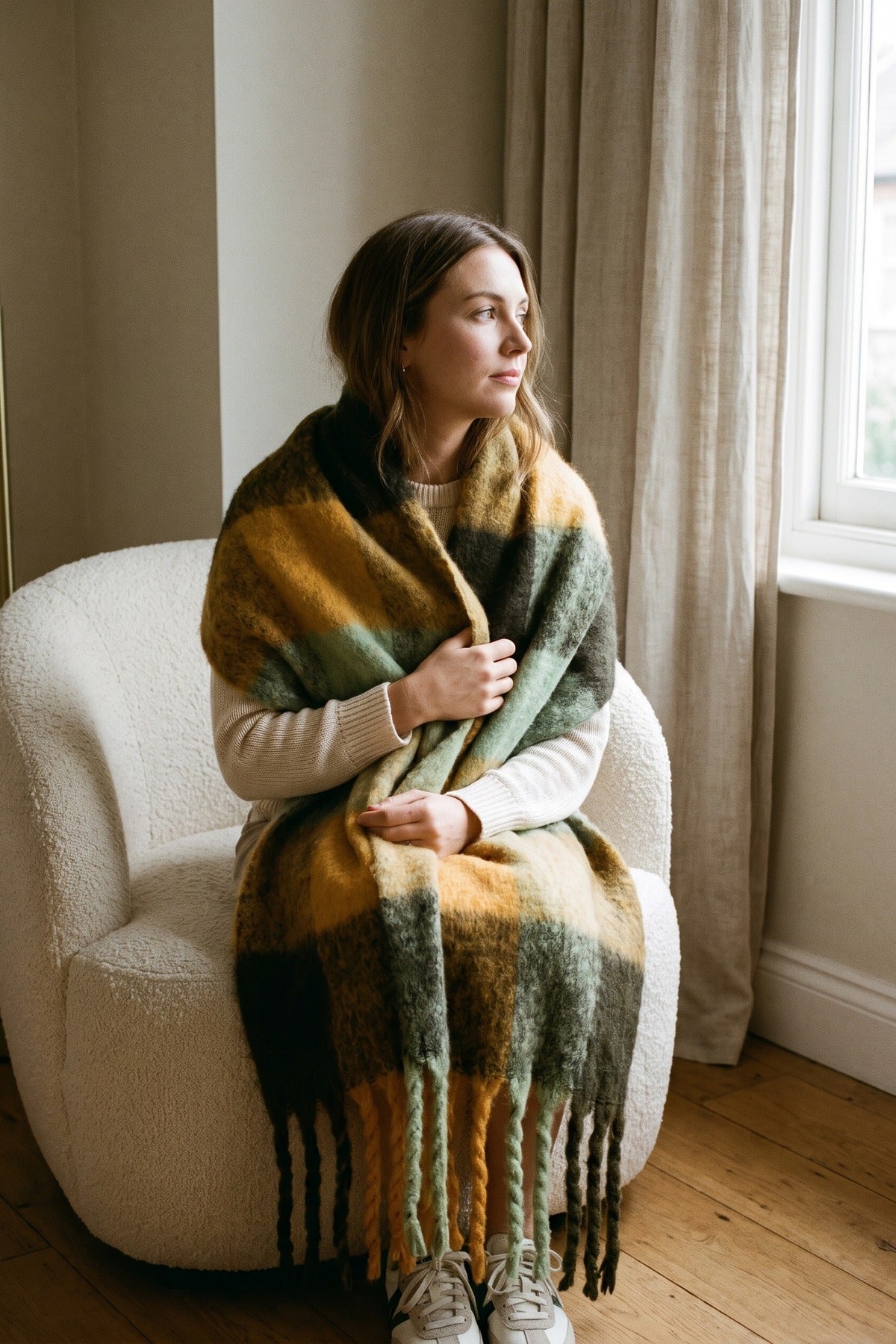 Wiktoria Colour Block Tasselled Scarf - Mustard