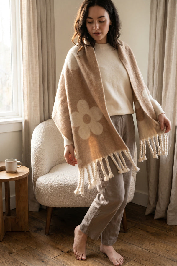 Polina Large Floral Print Tassel Trim Scarf - Taupe