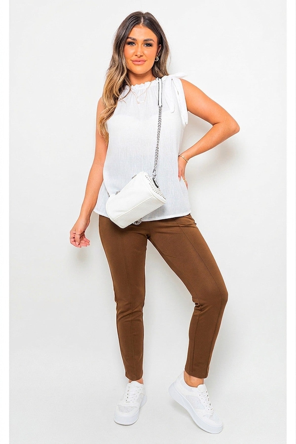 Selene Wide Waistband Trouser With Front Pockets - Brown