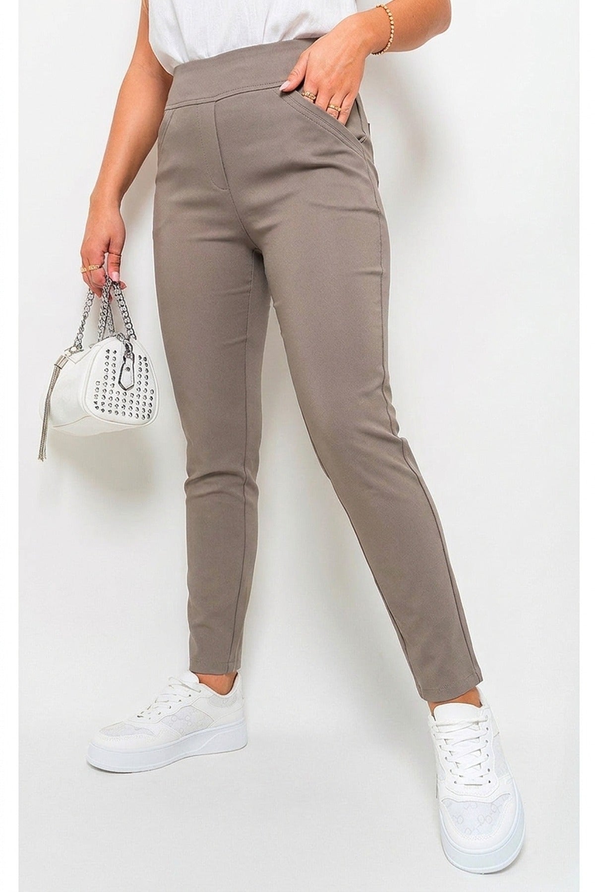 Selene Wide Waistband Trouser With Front Pockets - Taupe