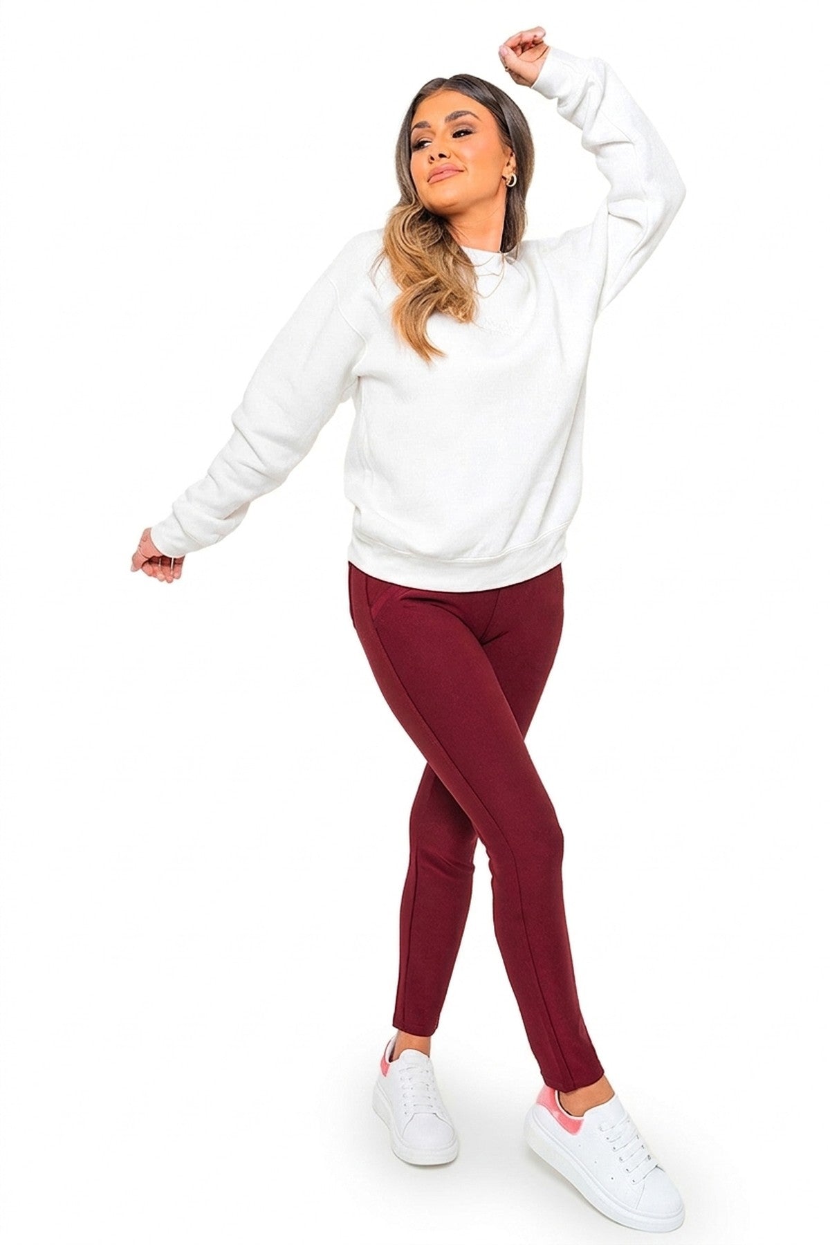 Selene Wide Waistband Trouser With Front Pockets - Wine_wb
