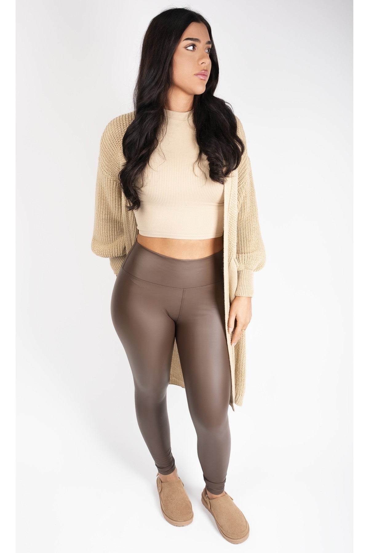 Serina High Waisted Faux Leather Leggings - Brown