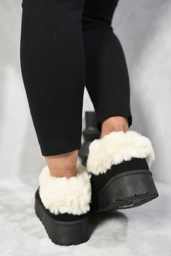 Shella Faux Fur Trim Platform Ankle Boots - Black