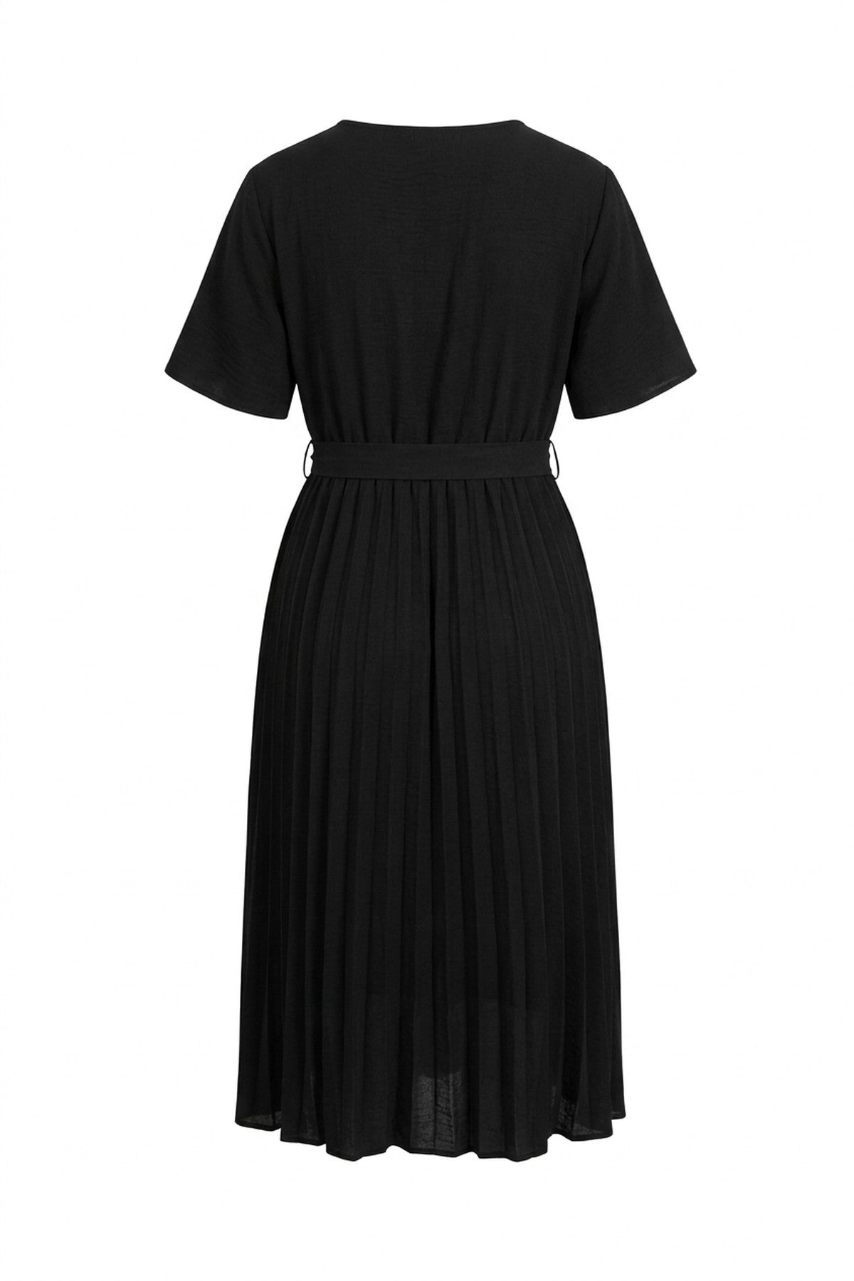 Elidi Short Sleeve Pleated Midi Dress With Waist Belt - Black
