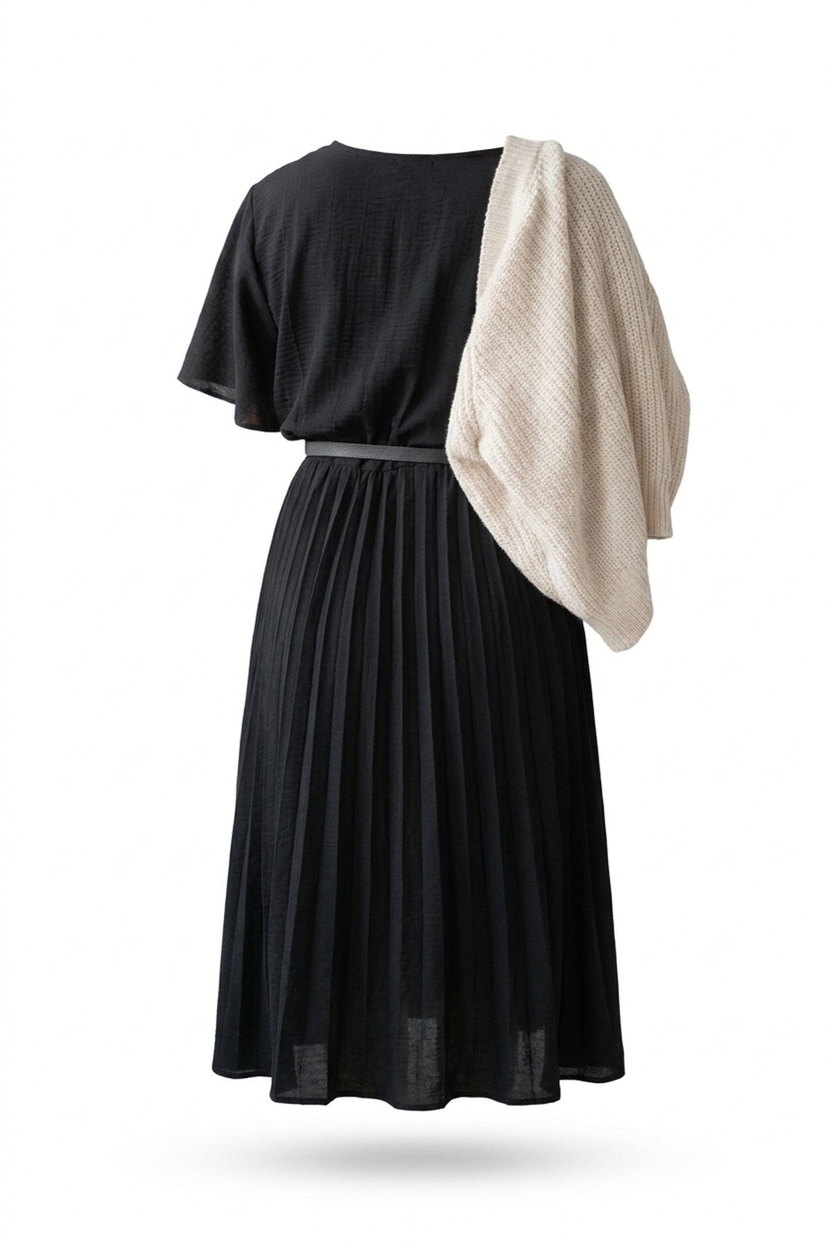 Elidi Short Sleeve Pleated Midi Dress With Waist Belt - Black_wb