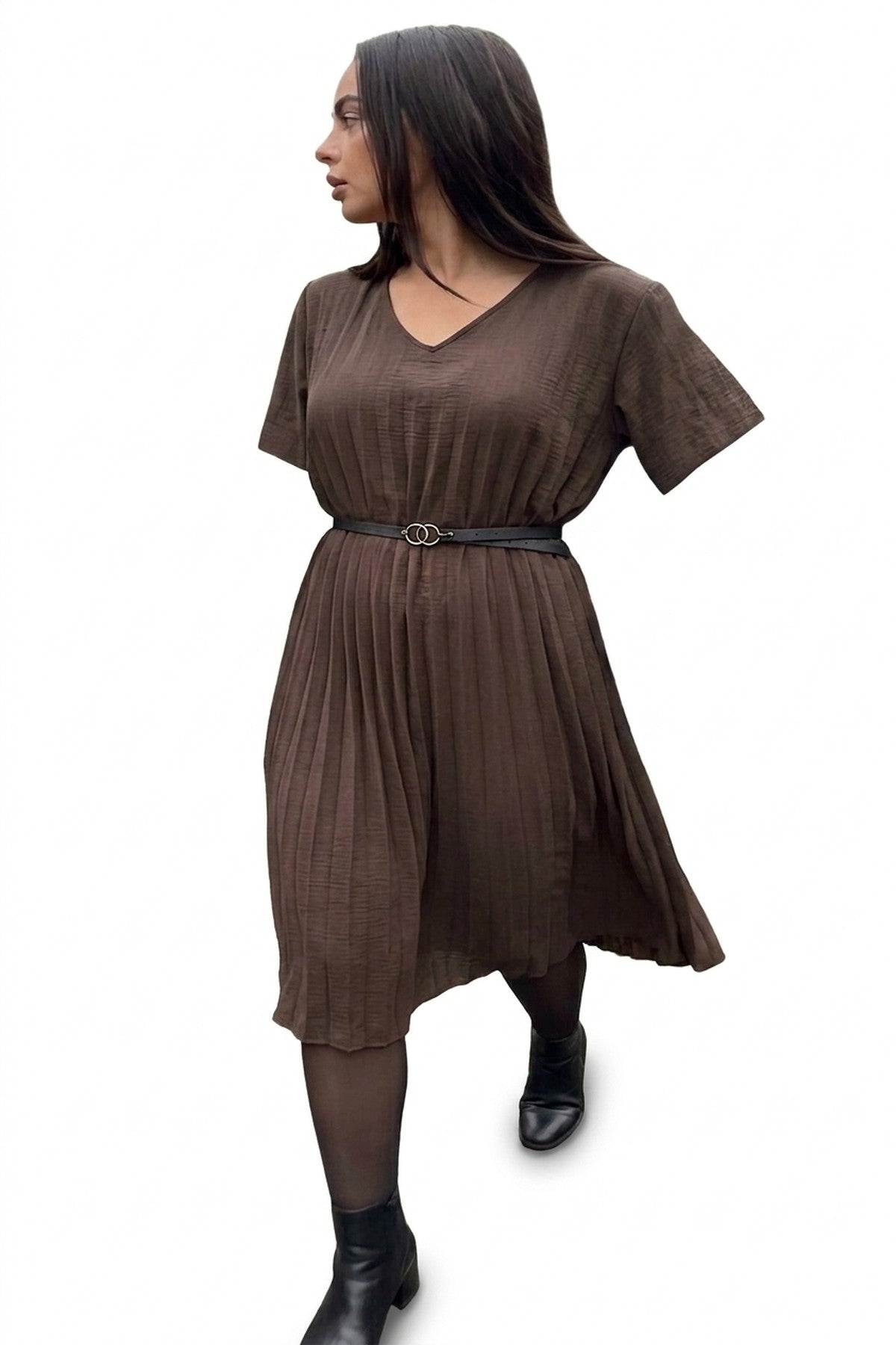 Elidi Short Sleeve Pleated Midi Dress With Waist Belt - Choc Brown