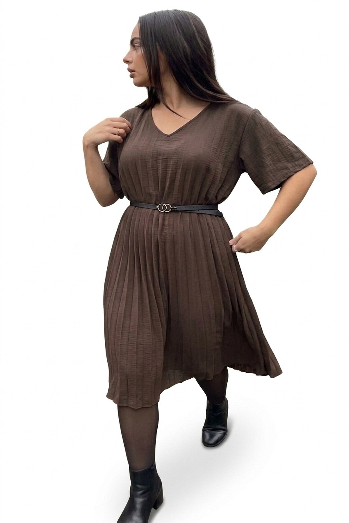 Elidi Short Sleeve Pleated Midi Dress With Waist Belt - Choc Brown_wb