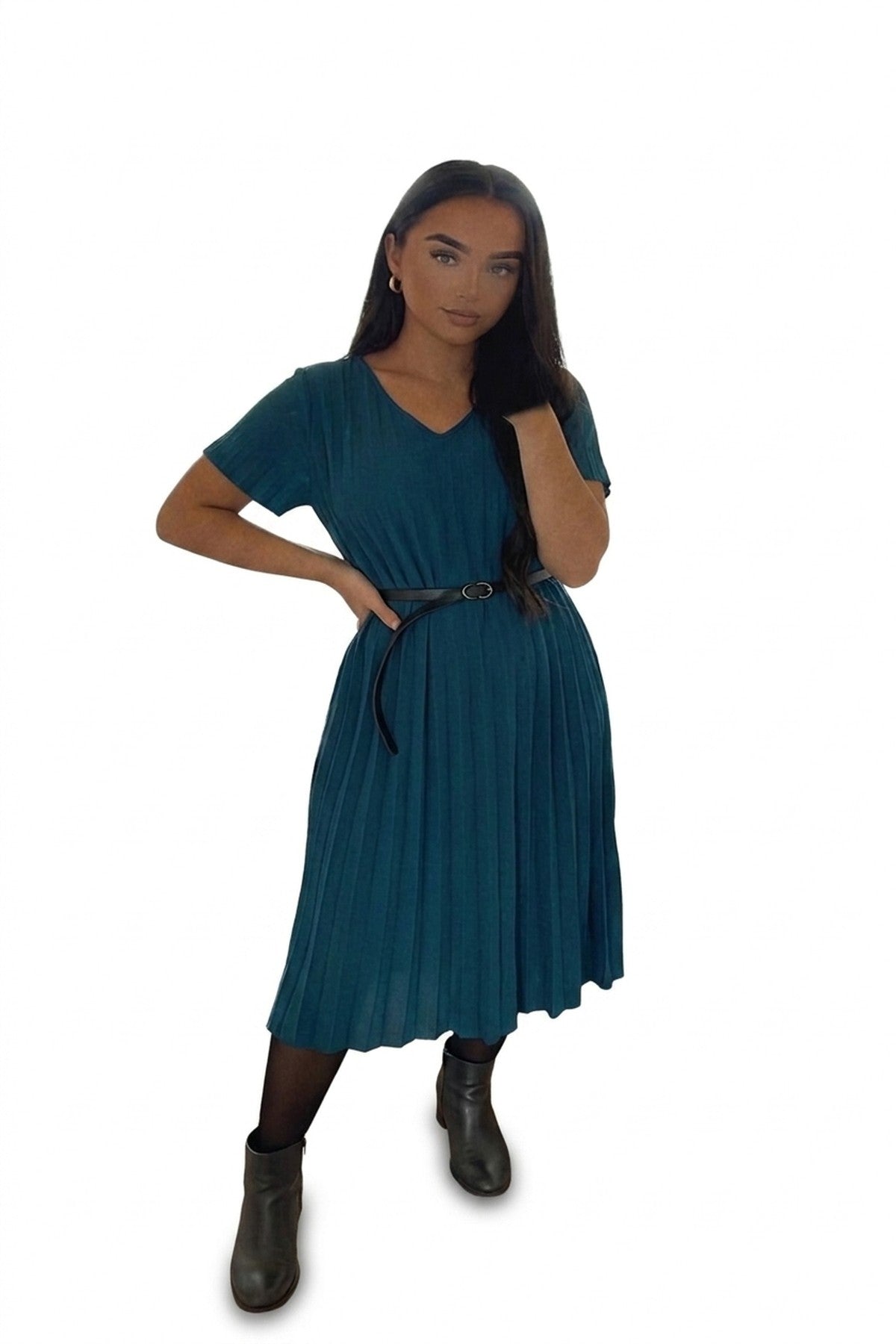 Elidi Short Sleeve Pleated Midi Dress With Waist Belt - Petrol