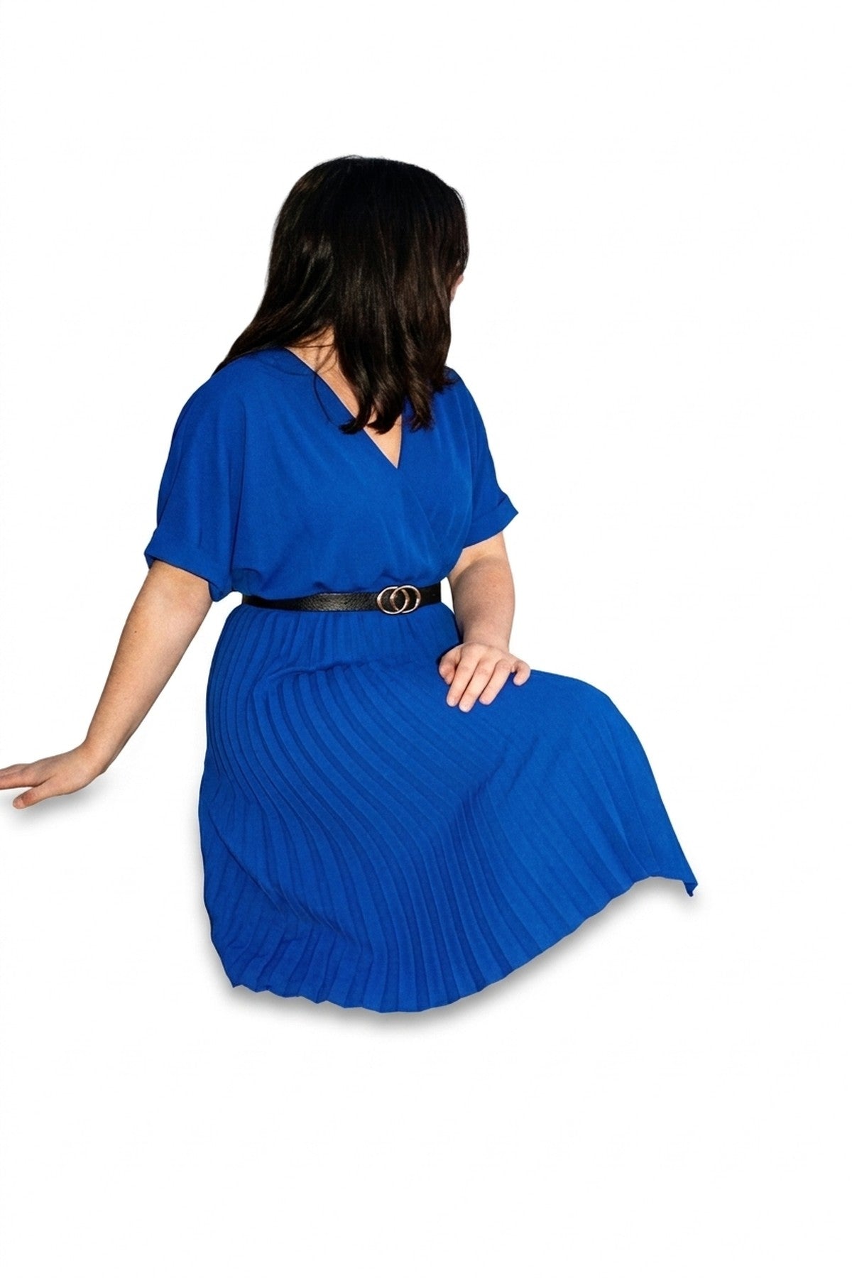 Elidi Short Sleeve Pleated Midi Dress With Waist Belt - Royal
