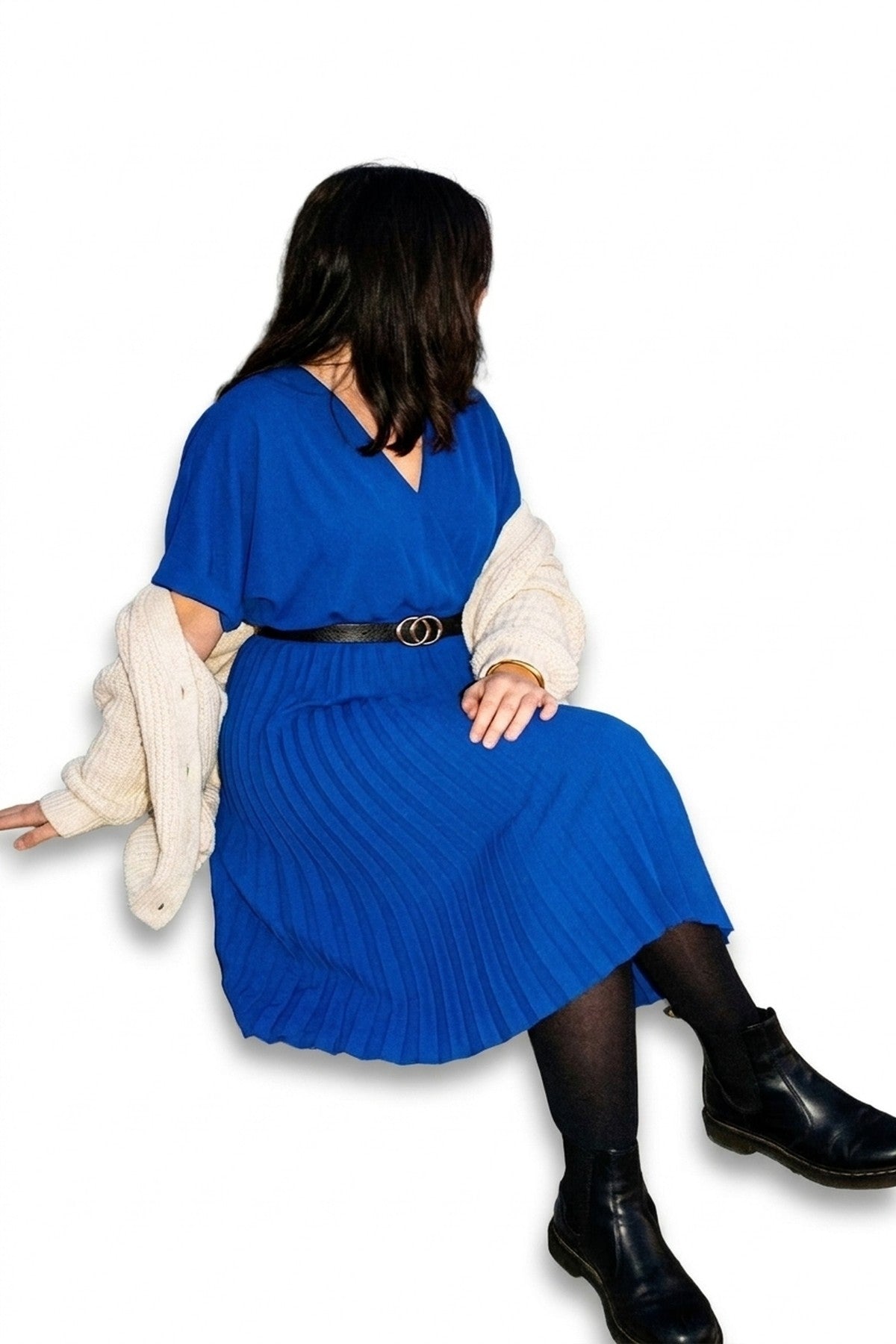 Elidi Short Sleeve Pleated Midi Dress With Waist Belt - Royal_wb