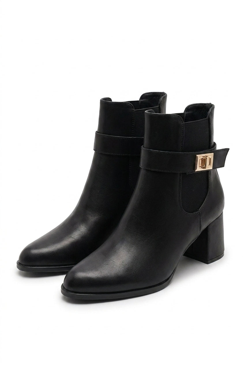 Noeme Side Zip Block Heel Ankle Boots With Buckle Strap Detail - Black