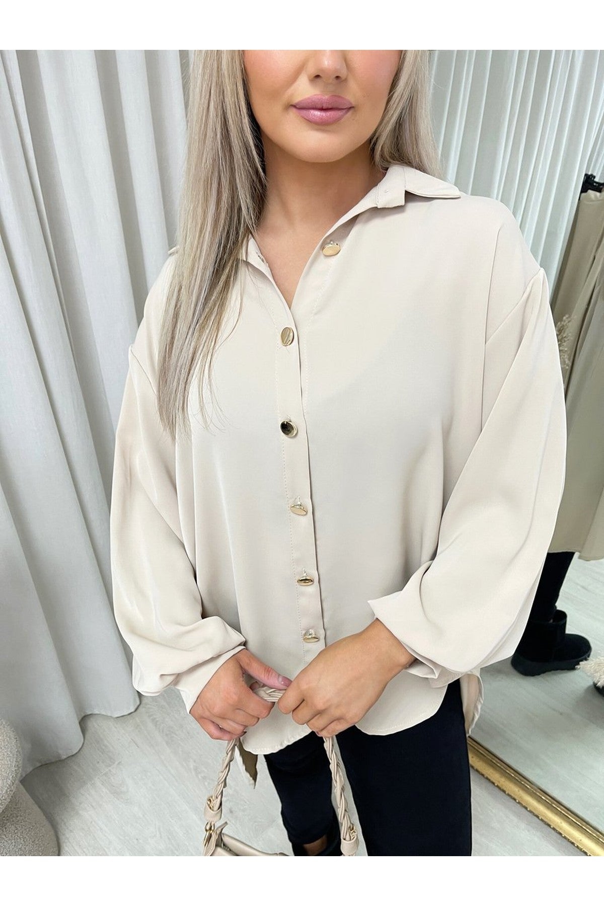 Sienna Oversized Collared Button Down Top - Beige
